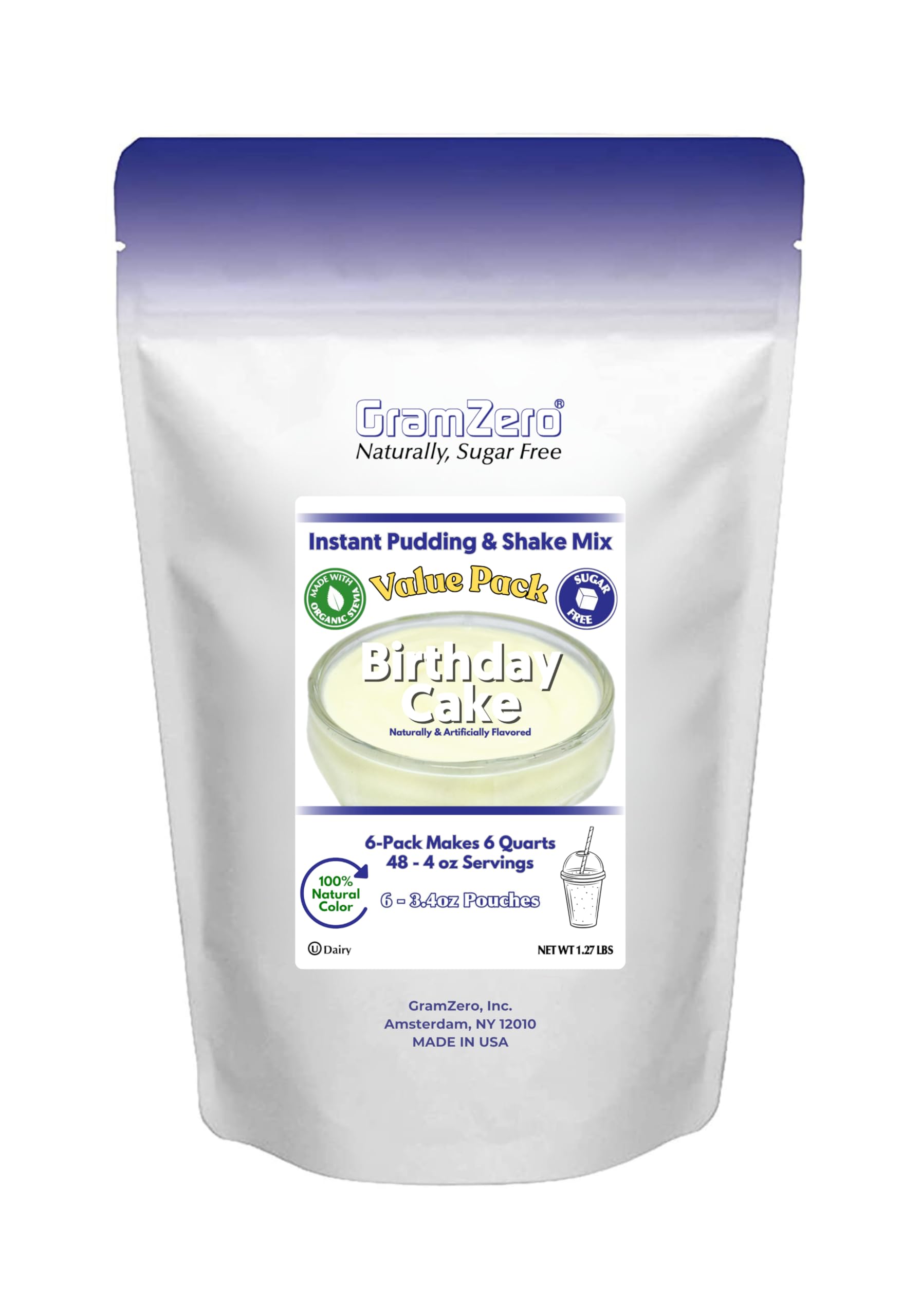 GramZero front packaging showing birthday cake flavor and six pouches, clear product identity and convenience