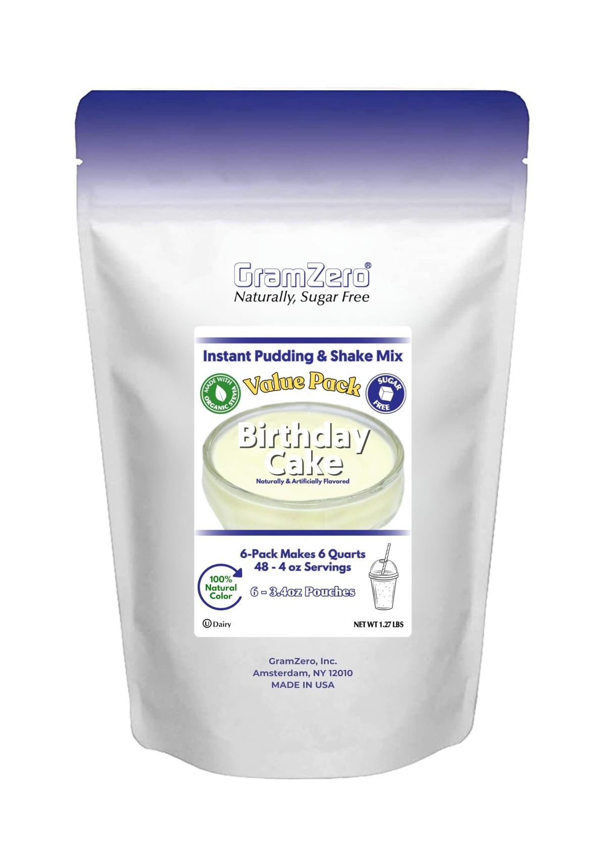 GramZero front packaging showing birthday cake flavor and six pouches, clear product identity and convenience