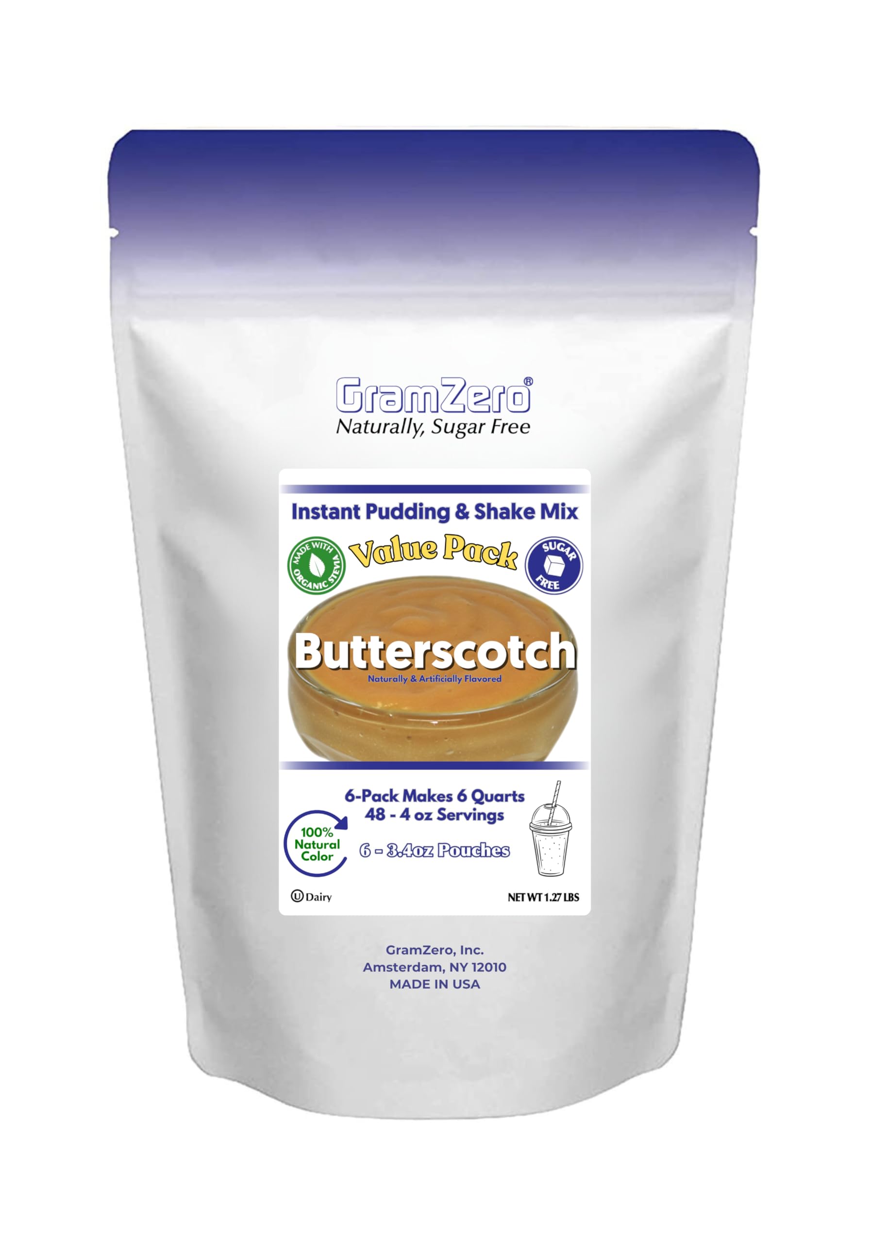 GramZero front packaging showing six butterscotch pudding pouches and clear labeling benefit: convenient portioning
