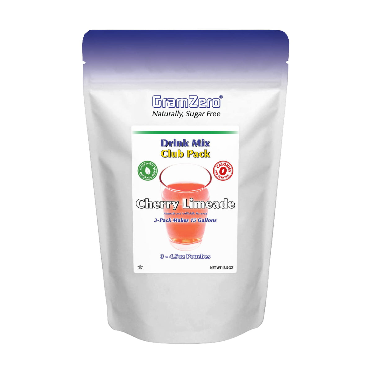 GramZero front packaging showing cherry limeade flavor and pouch benefits