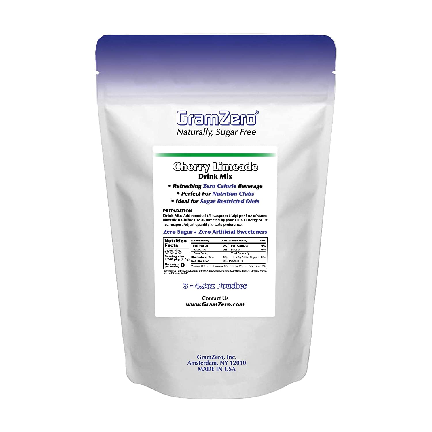 GramZero pouch beside an 8oz glass showing serving yield and portion size