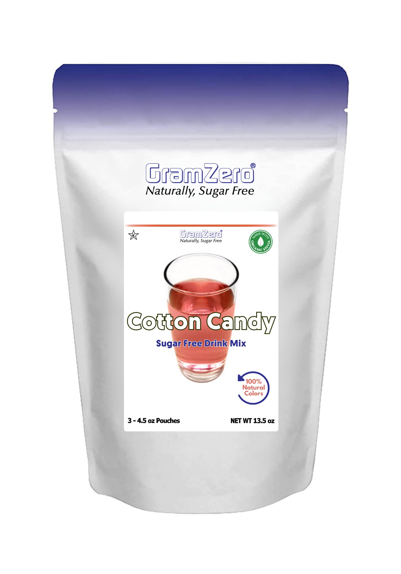GramZero front packaging showing cotton candy flavor and stevia benefits