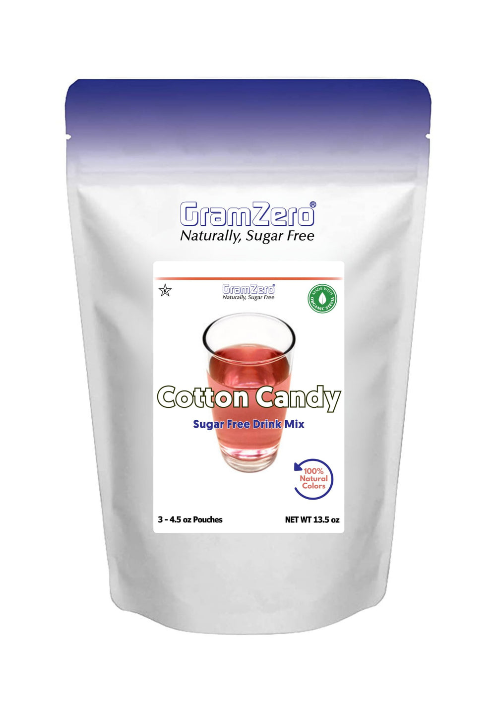 GramZero front packaging showing cotton candy flavor and stevia benefits