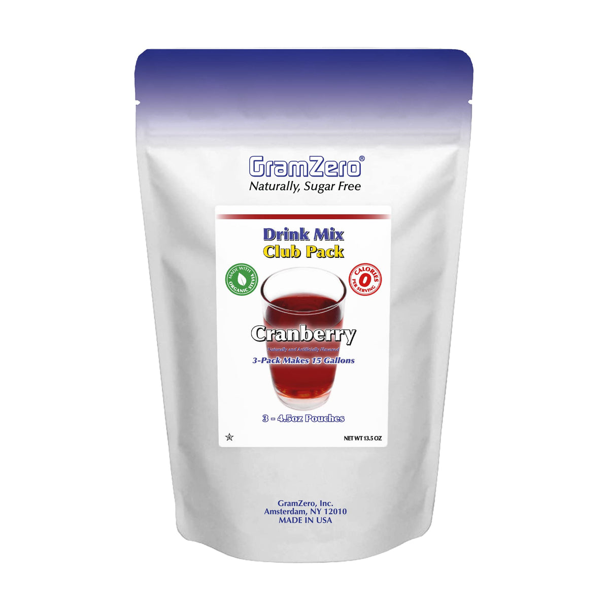 GramZero front packaging showing cranberry flavor and zero-calorie benefit