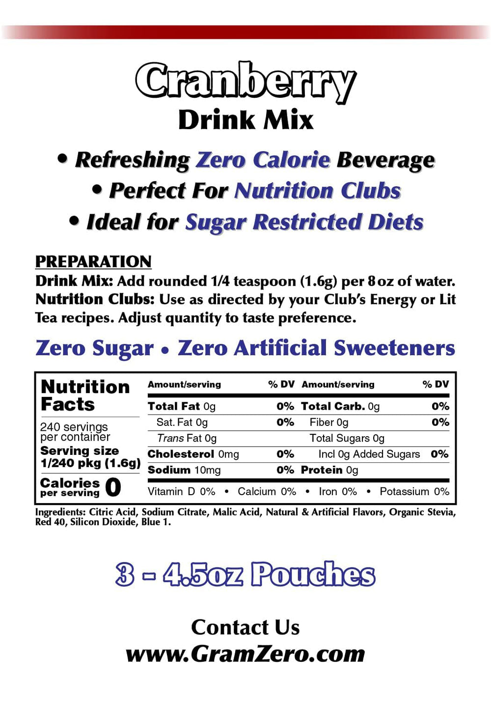 GramZero cranberry prepared in a clear glass highlighting refreshing zero-calorie drink