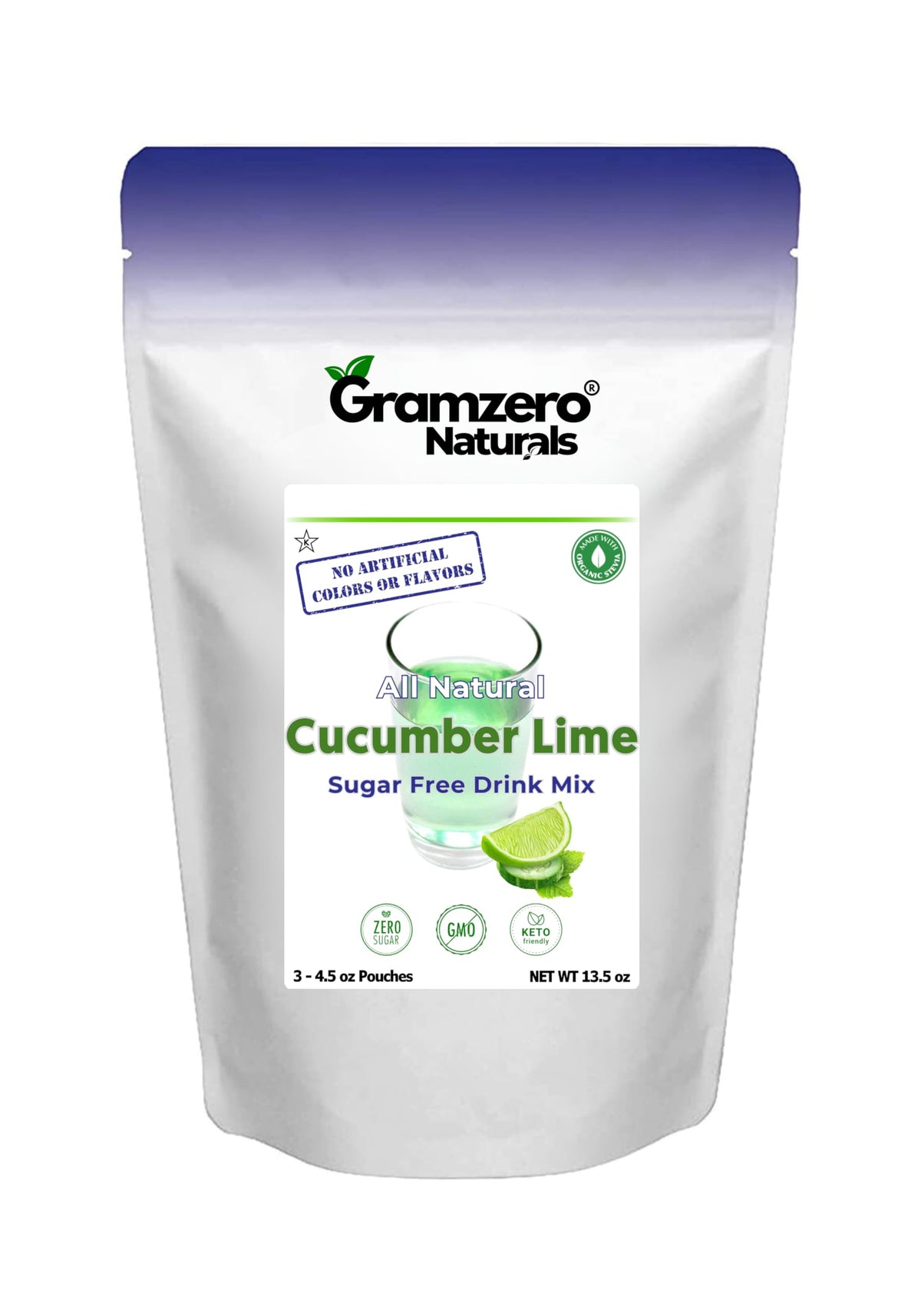 GramZero front packaging showing cucumber lime flavor and zero calories benefit