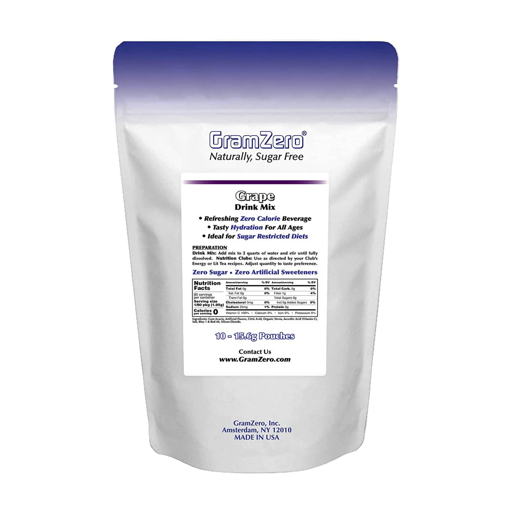 GramZero grape powder closeup with stevia leaf, natural sweetener benefit
