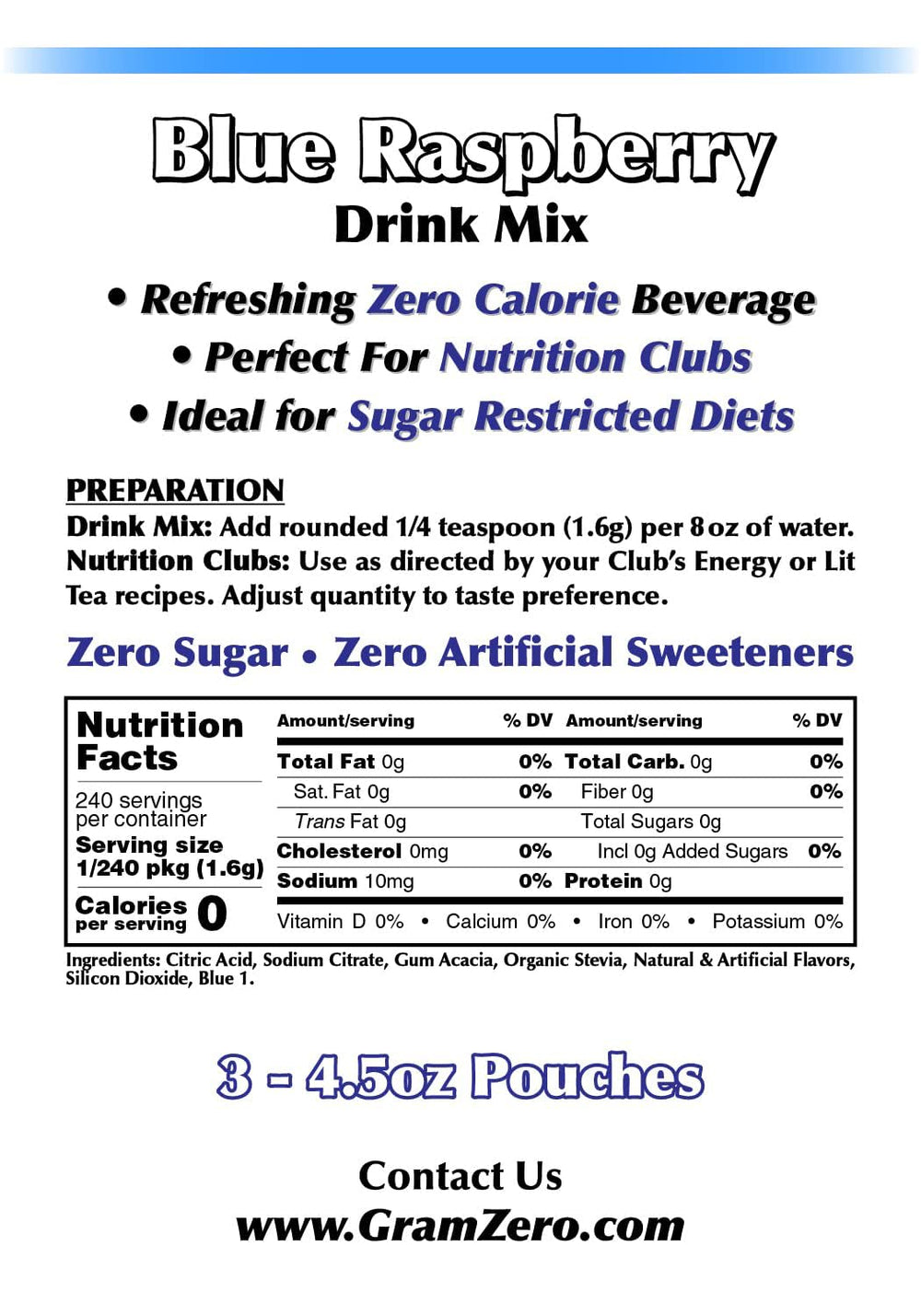 GramZero blue raspberry powder dissolving in glass showing quick mixing benefit