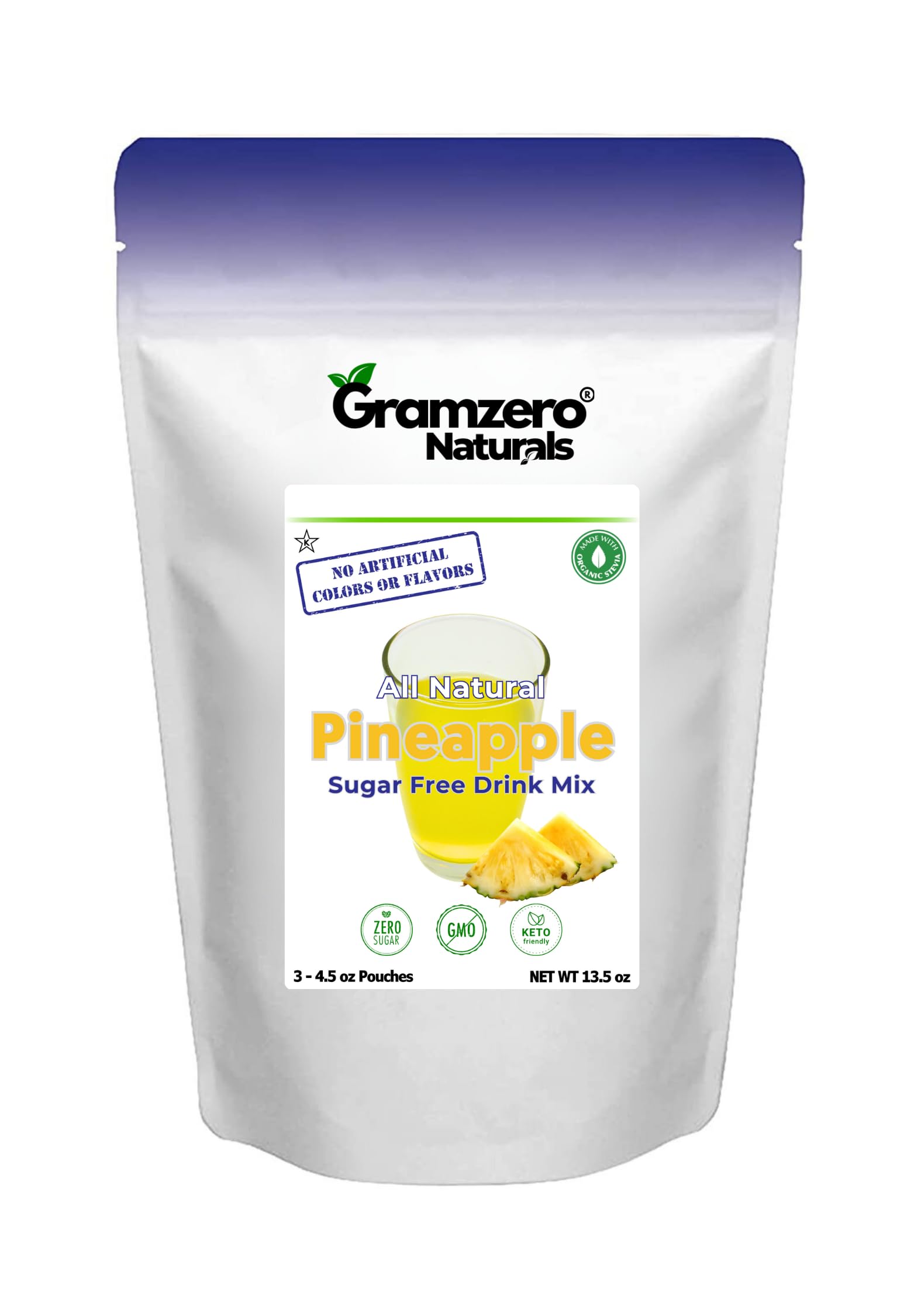 GramZero front packaging showing pineapple flavor and zero calories benefit