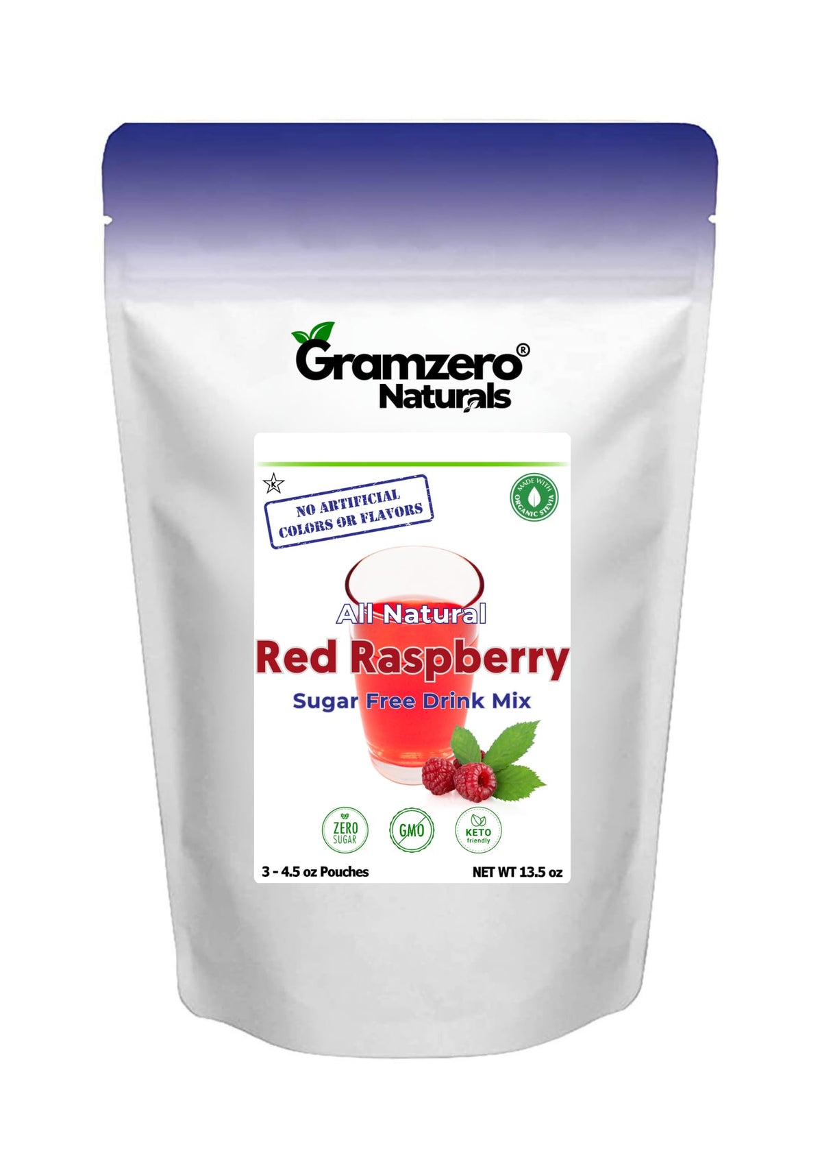 GramZero front packaging showing red raspberry flavor and keto-friendly benefits