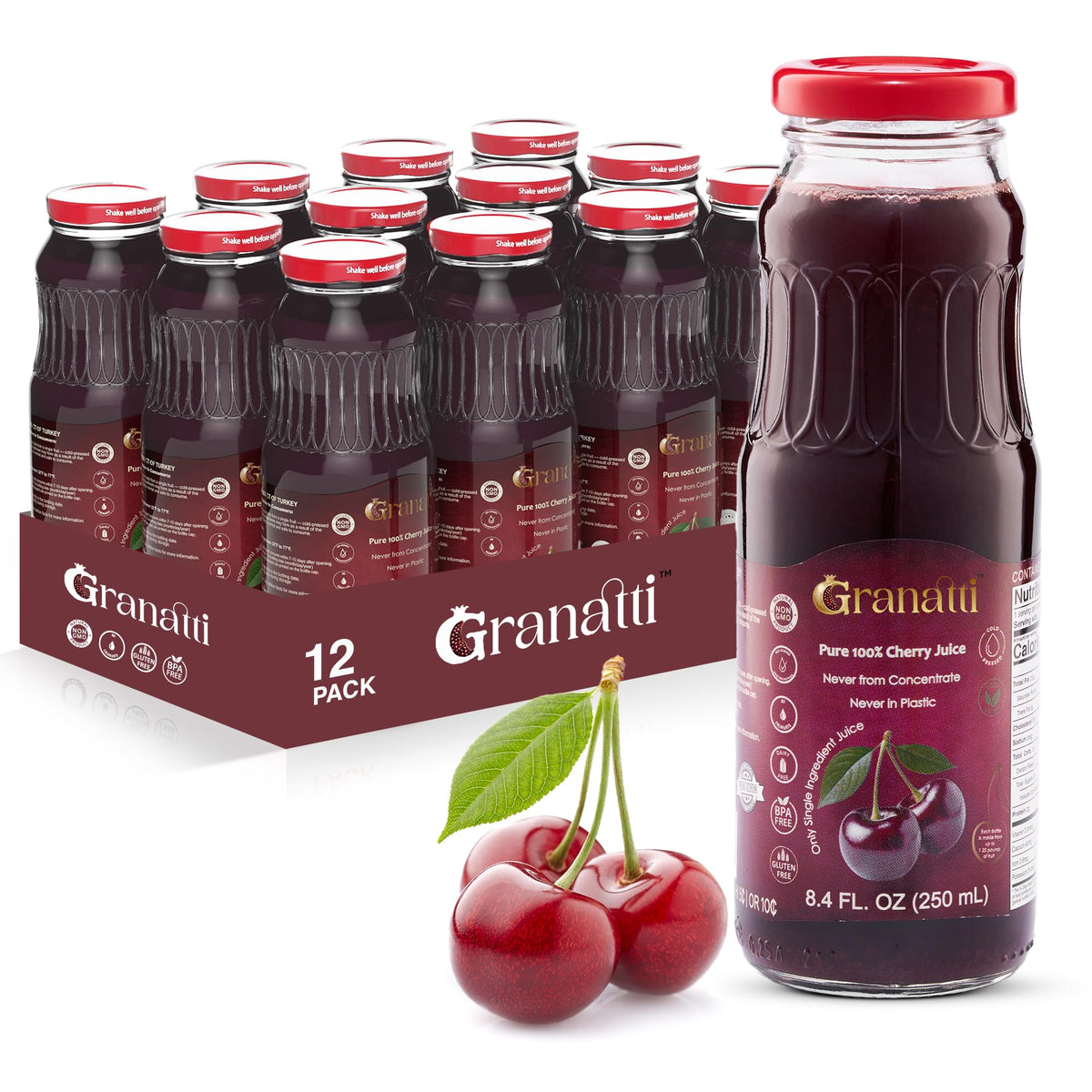 Granatti front packaging showing twelve glass bottles and premium presentation
