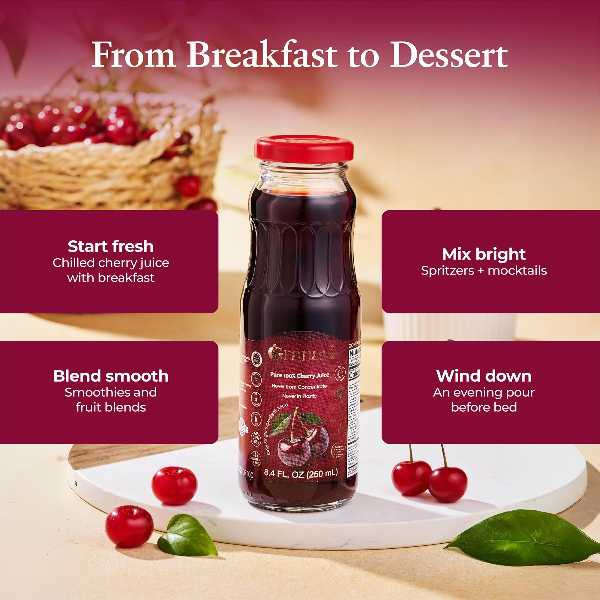 Granatti single 8.4oz glass bottle with sealed cap for single-serve convenience