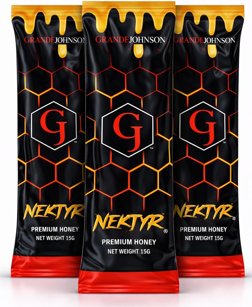 Grande Johnson front packaging showing three Nektyr sachets and clear organic branding benefit convenience