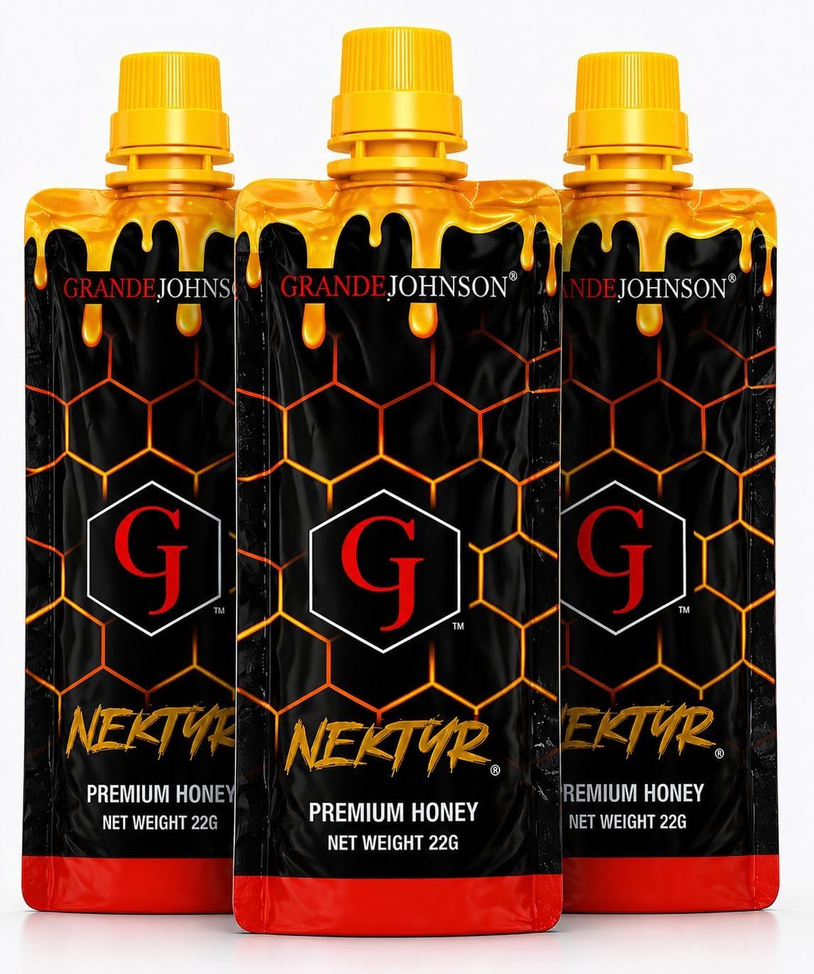 Grande Johnson sachet front view showing label and convenient single-use design benefit