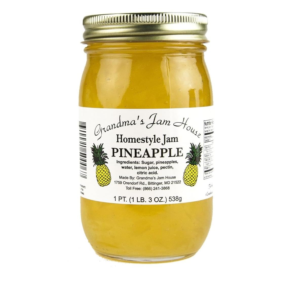Grandma's Jam House front label on 19 oz jar showing brand and clear pineapple color