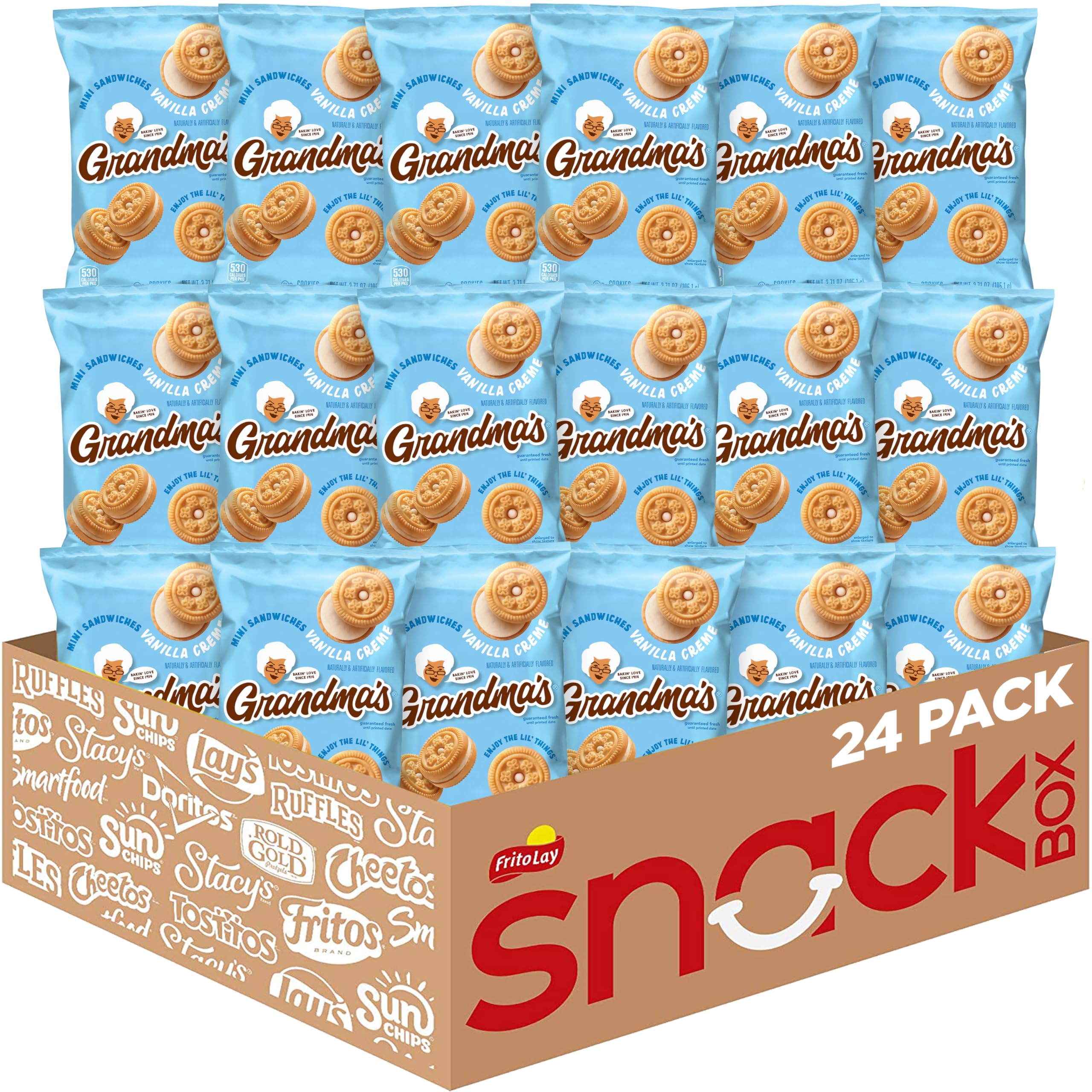 Grandma's front packaging showing 24 mini vanilla sandwich crème bags, easy portioning