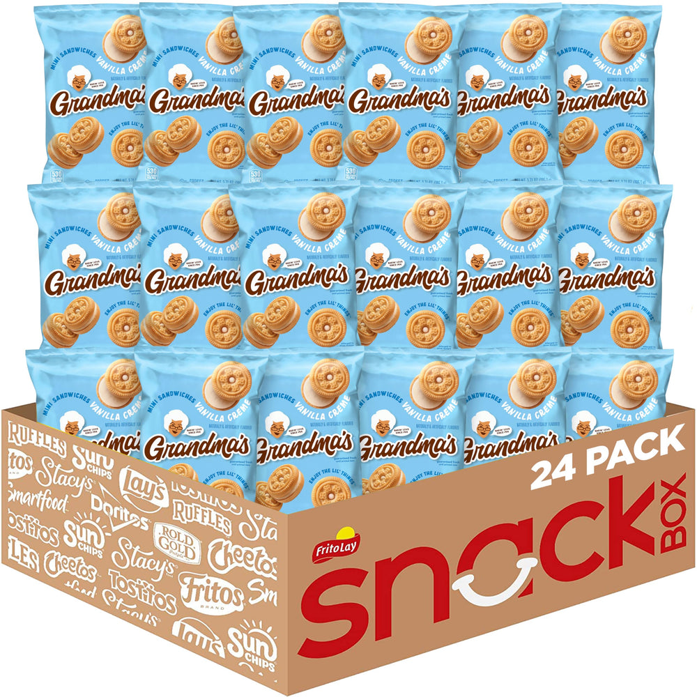 Grandma's front packaging showing 24 mini vanilla sandwich crème bags, easy portioning