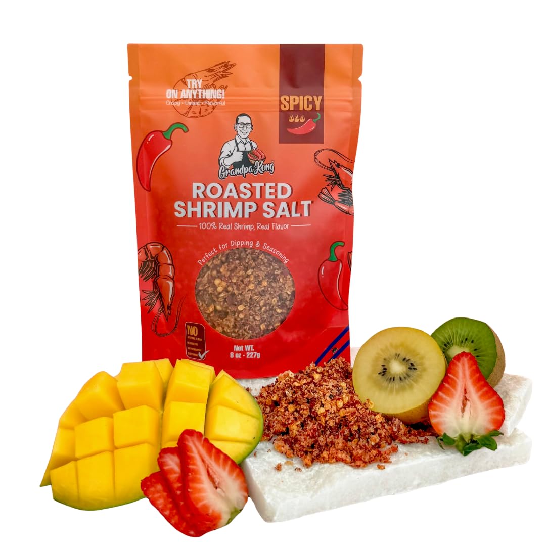 GrandpaKong front packaging showing spicy roasted shrimp salt, appetizing and bold
