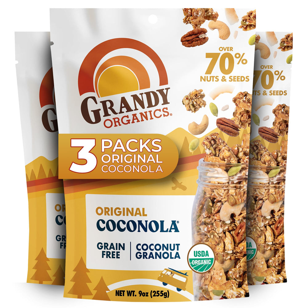 GrandyOats front pack view showing organic coconola and crunchy appeal