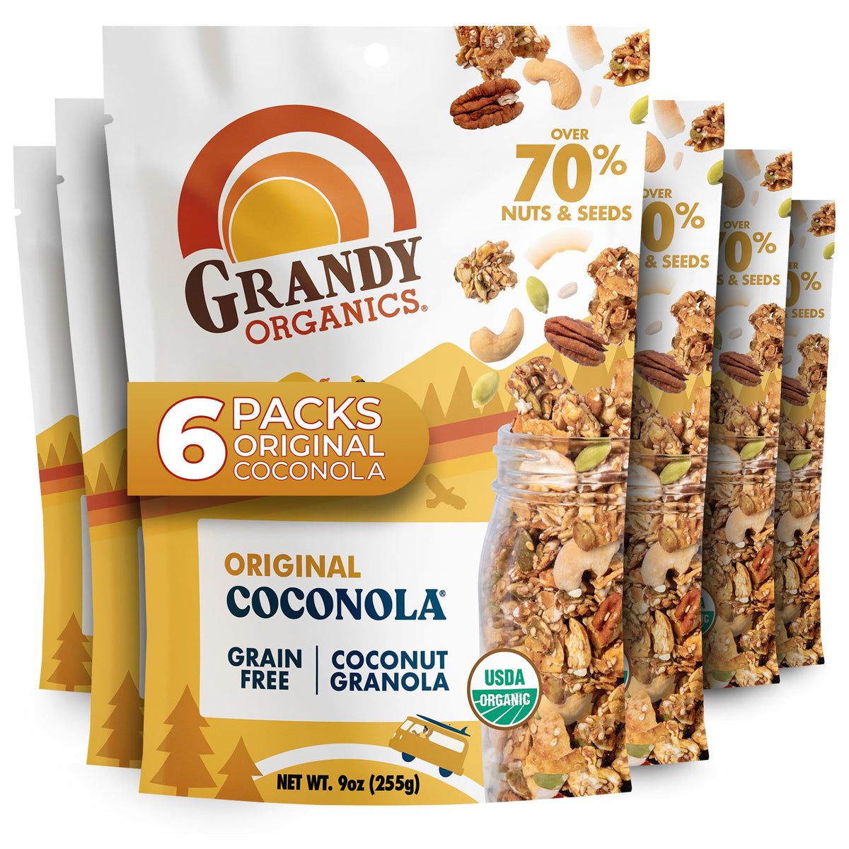 GrandyOats front packaging showing organic coconola and benefits