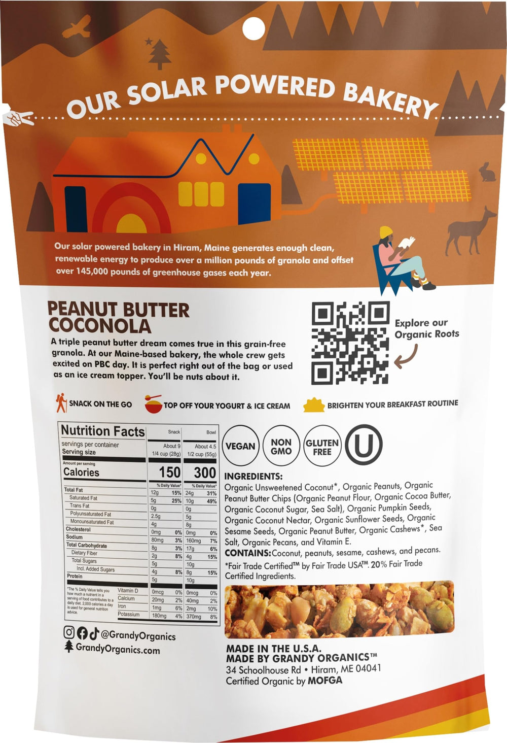 GrandyOats open bag revealing toasted coconut, nuts and seed clusters