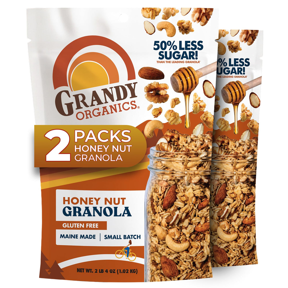 GrandyOats front packaging showing organic honey nut granola and benefits