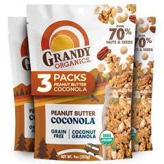 GrandyOats front packaging showing peanut butter coconola and certifications