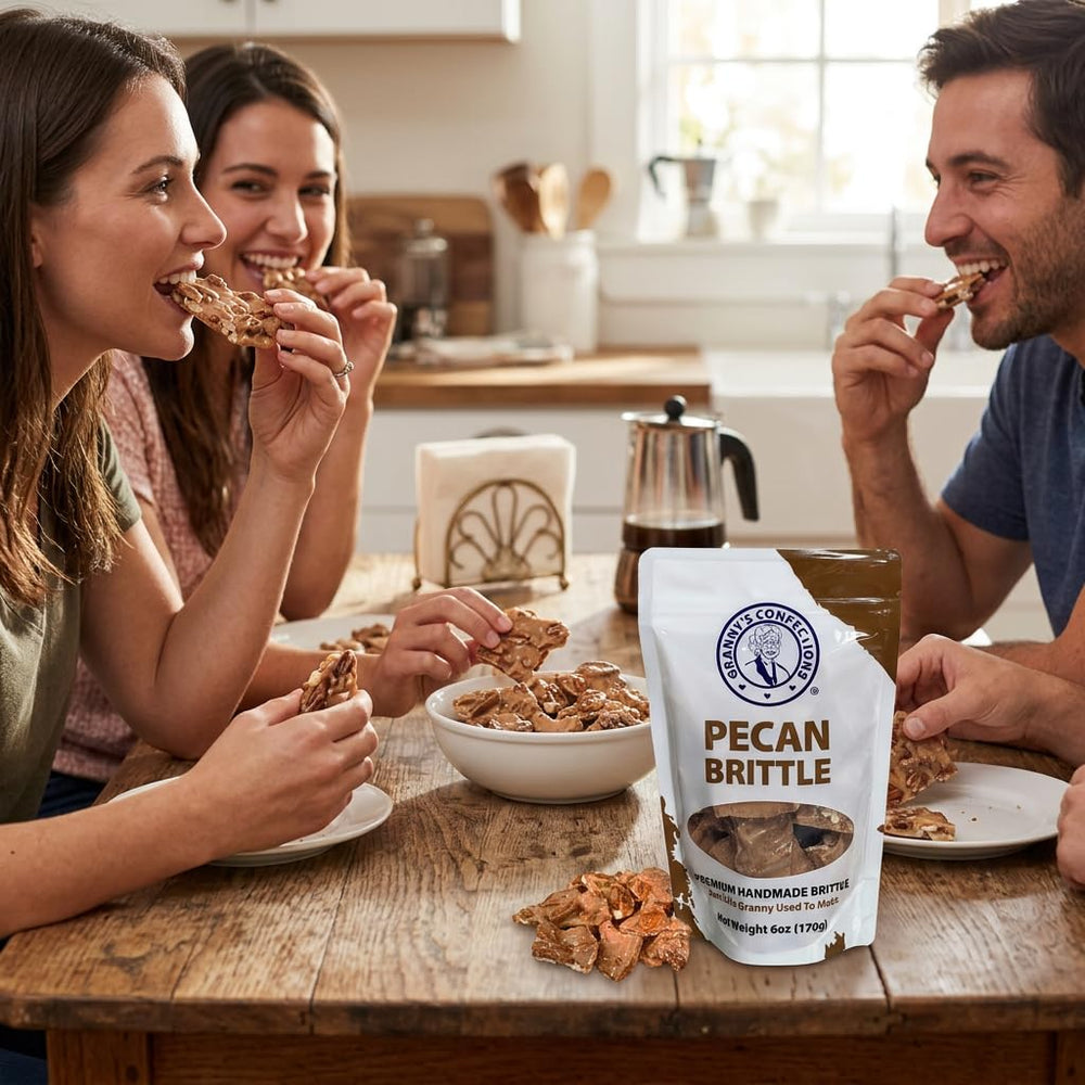 Granny's Confections pecan close-up displays Grade A halves and rich toasting