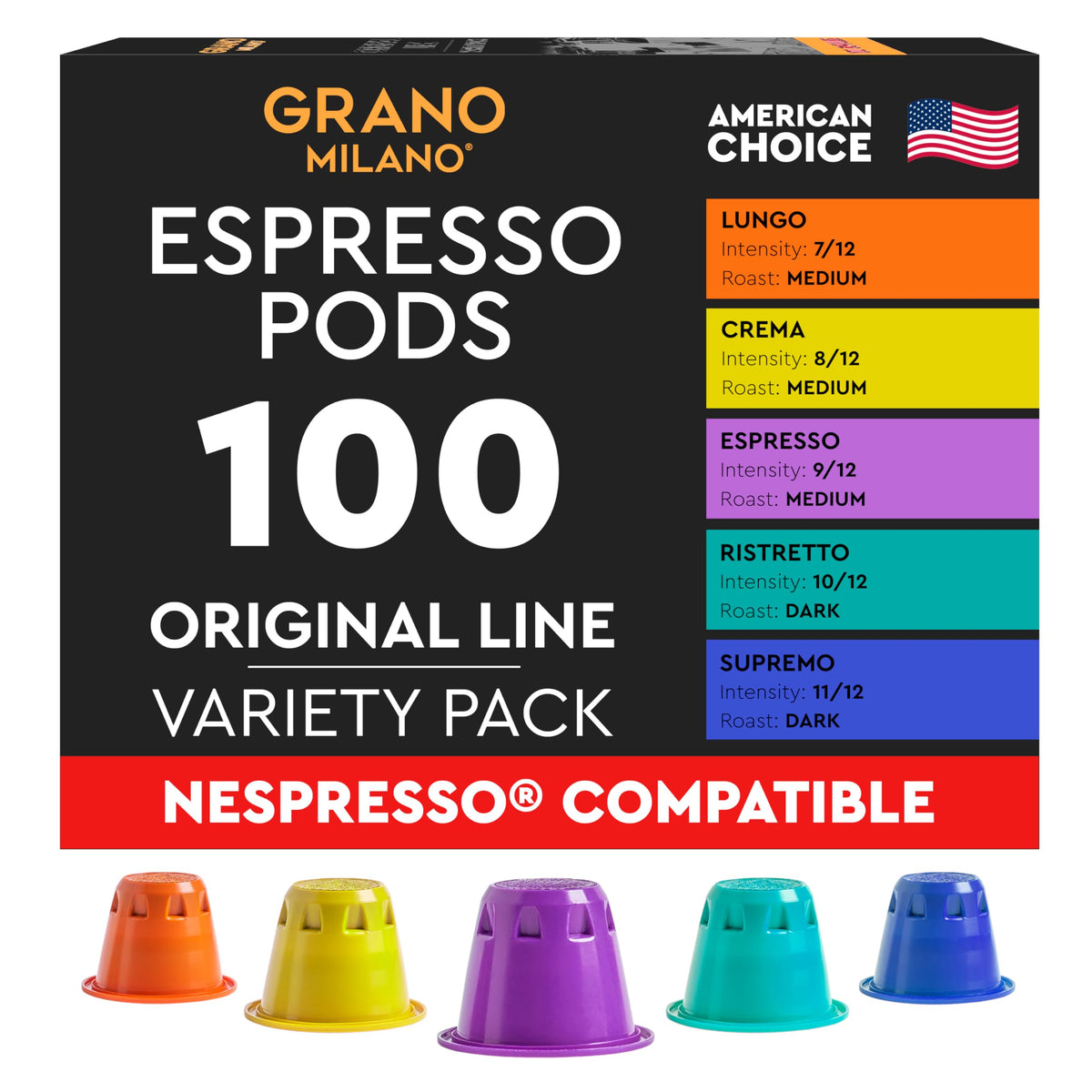 Grano Milano front view of all five variety pack boxes showing options and convenience