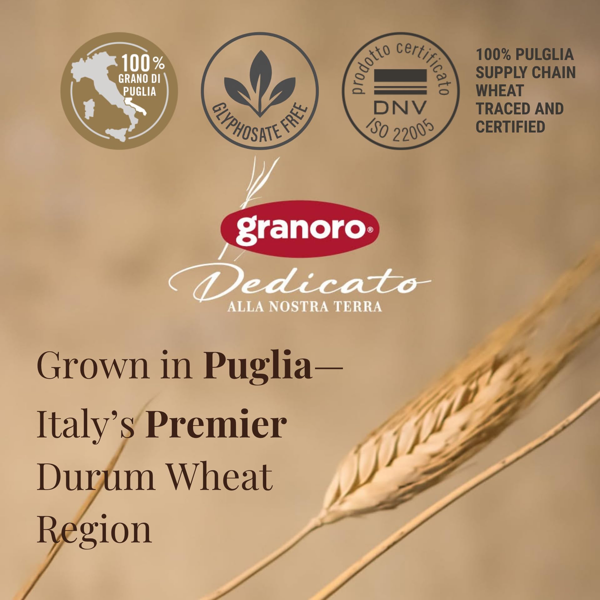 Granoro bucatini with Puglia wheat field and mill illustrating regional sourcing