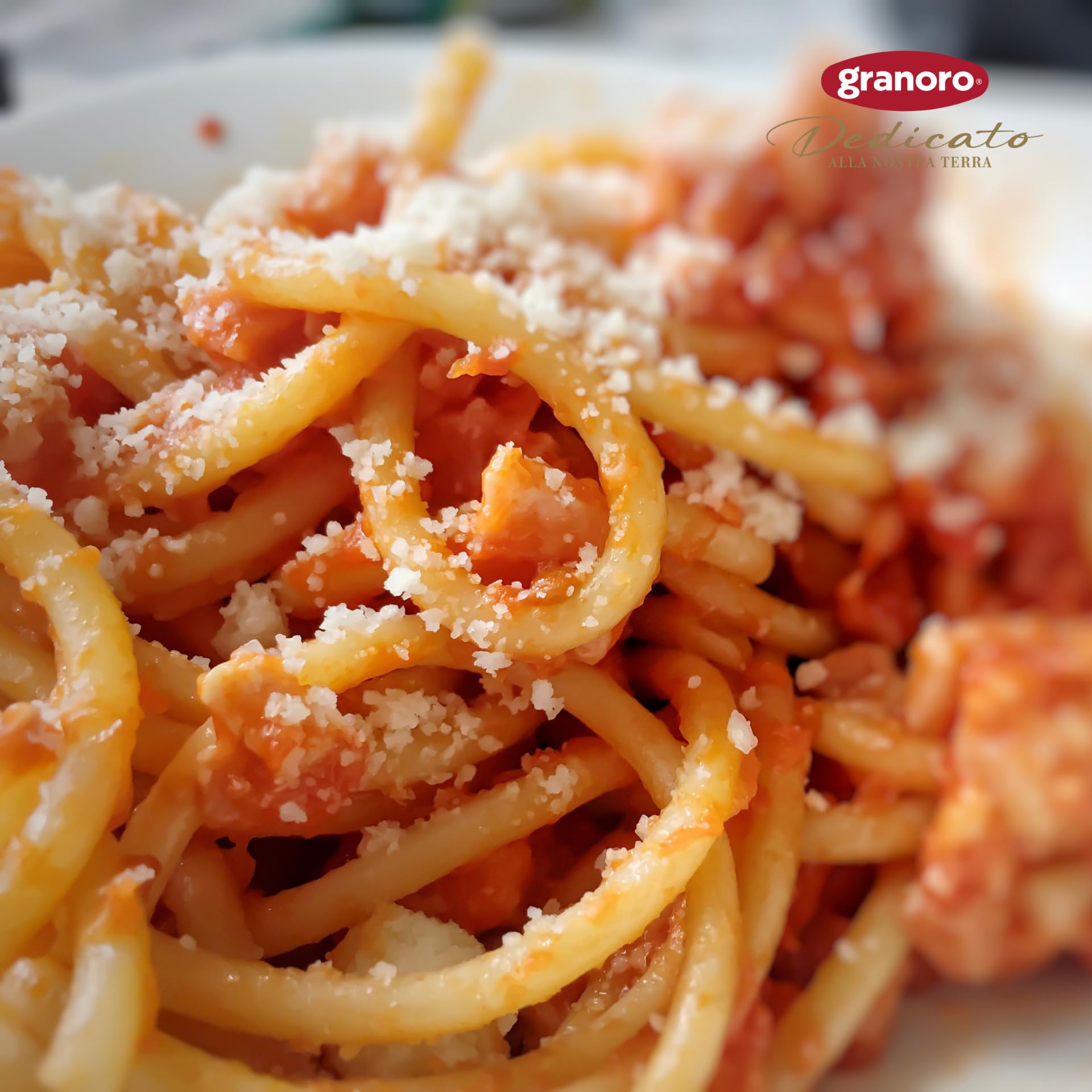 Granoro bucatini held by hand to show strand thickness and serving scale