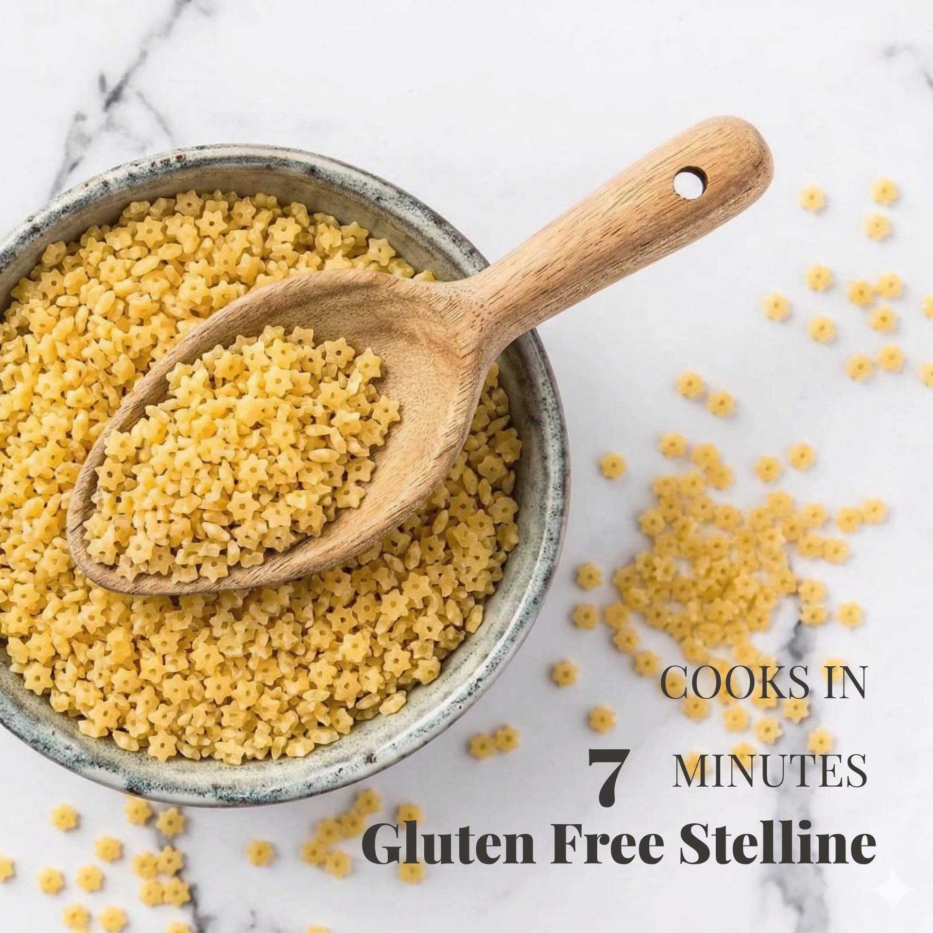 Granoro stelline size comparison on spoon showing quick-cook convenience benefit