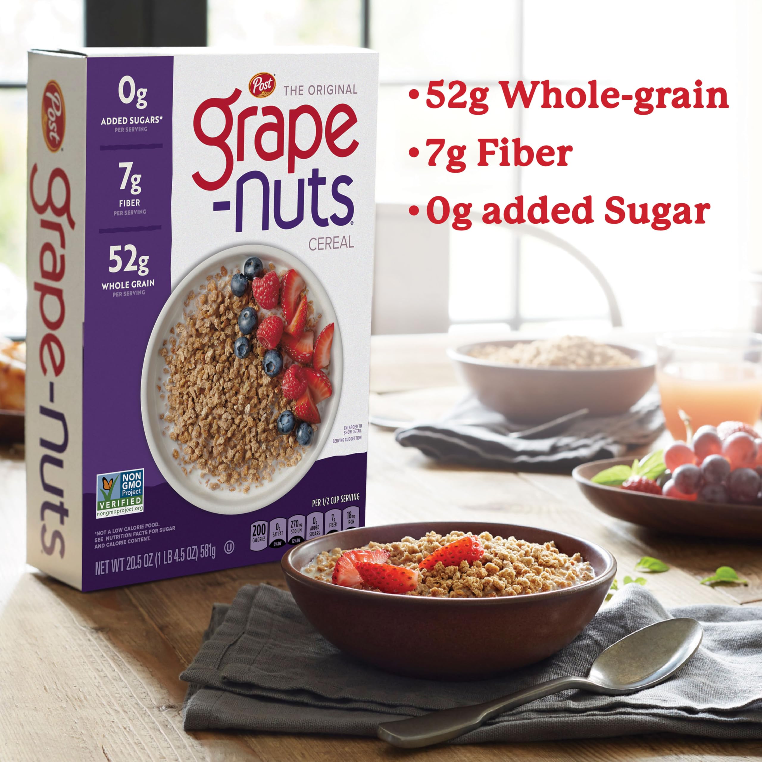 Grape-Nuts being poured over milk for a filling breakfast option