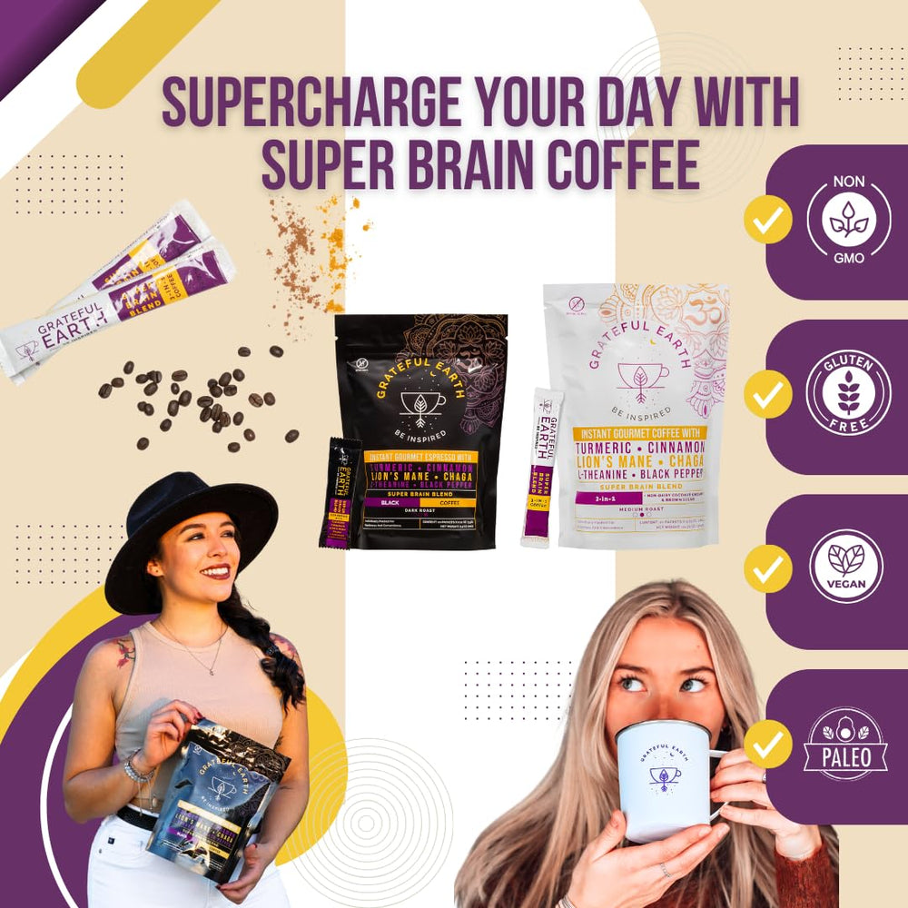 Grateful Earth Lion's Mane and Chaga mushrooms highlighting functional ingredients
