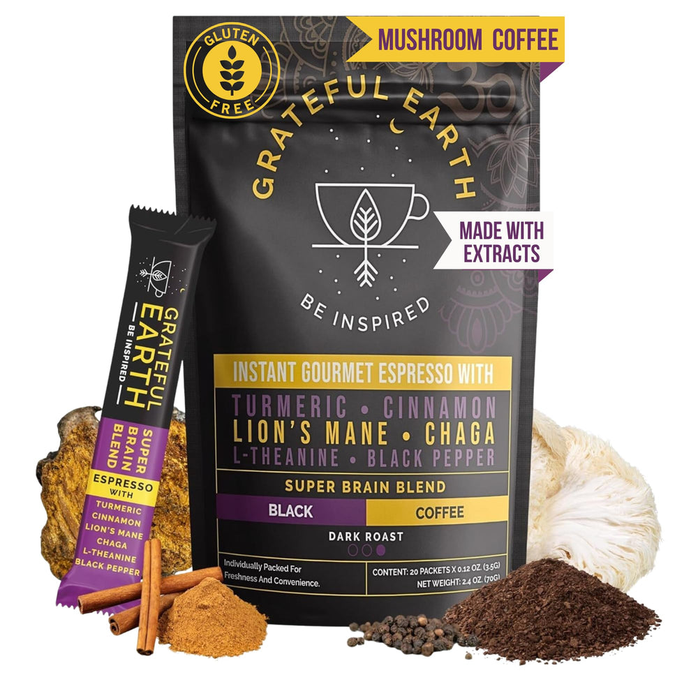 Grateful Earth front packaging showing 20 espresso sticks and brand benefit