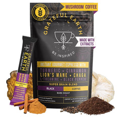 Grateful Earth front packaging showing 20 espresso sticks and brand benefit