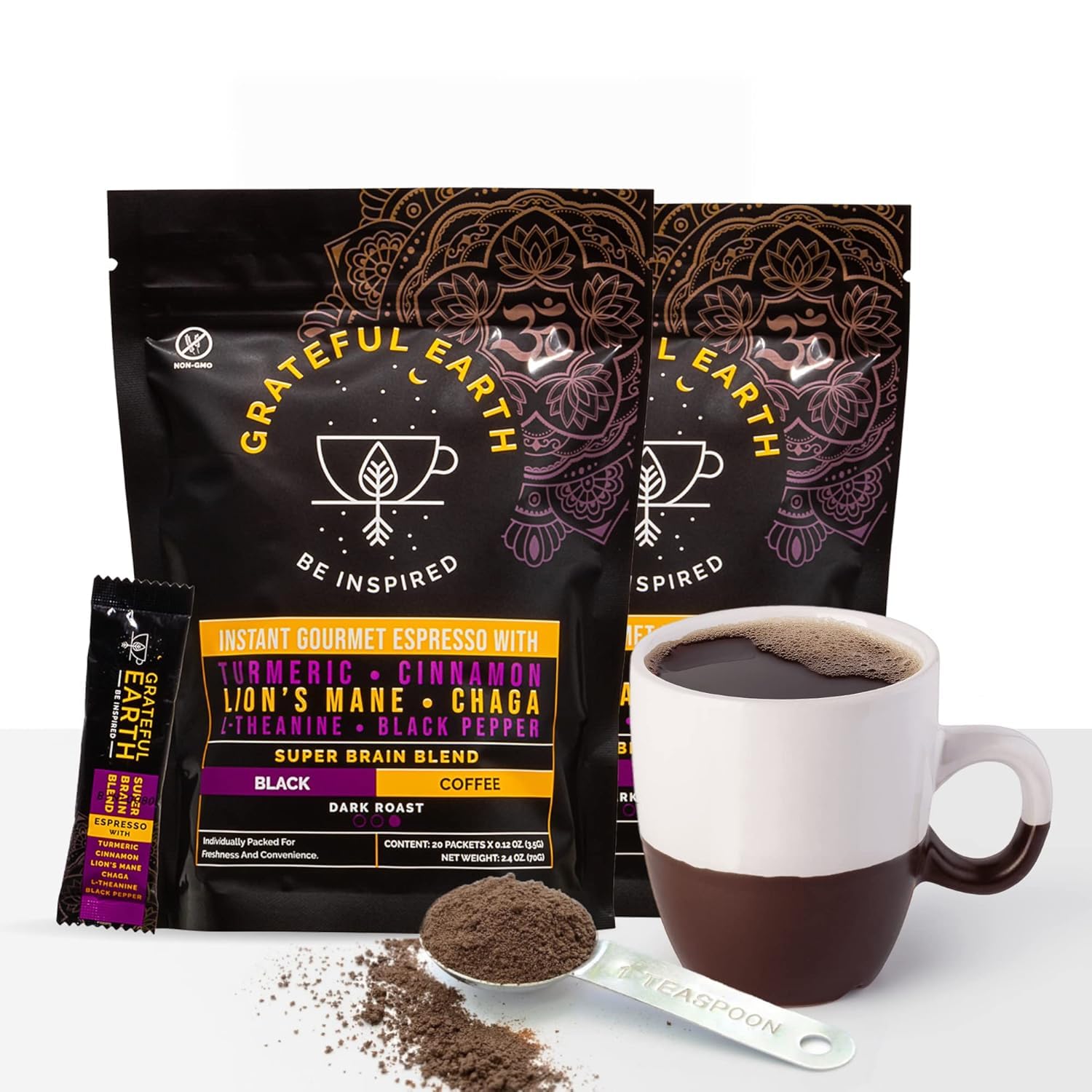 Grateful Earth stick beside a coffee cup to show serving size benefit