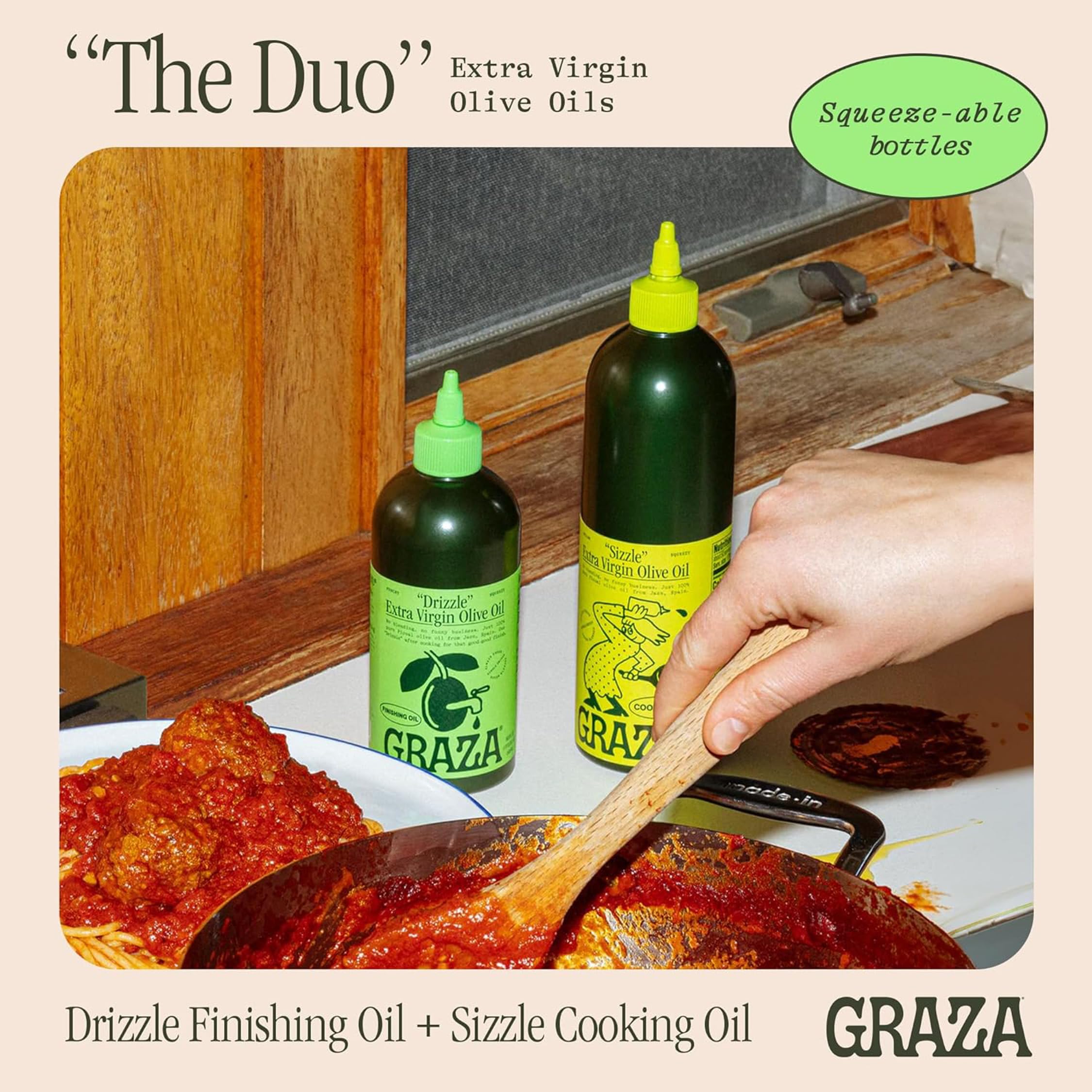 Graza Sizzle oil texture in spoon demonstrating smooth pourability and high-heat cooking use