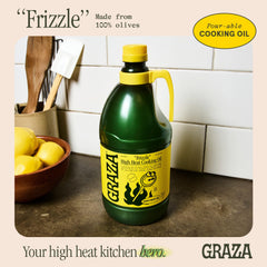 Graza Frizzle oil pouring close-up showing clear texture and easy pour benefit