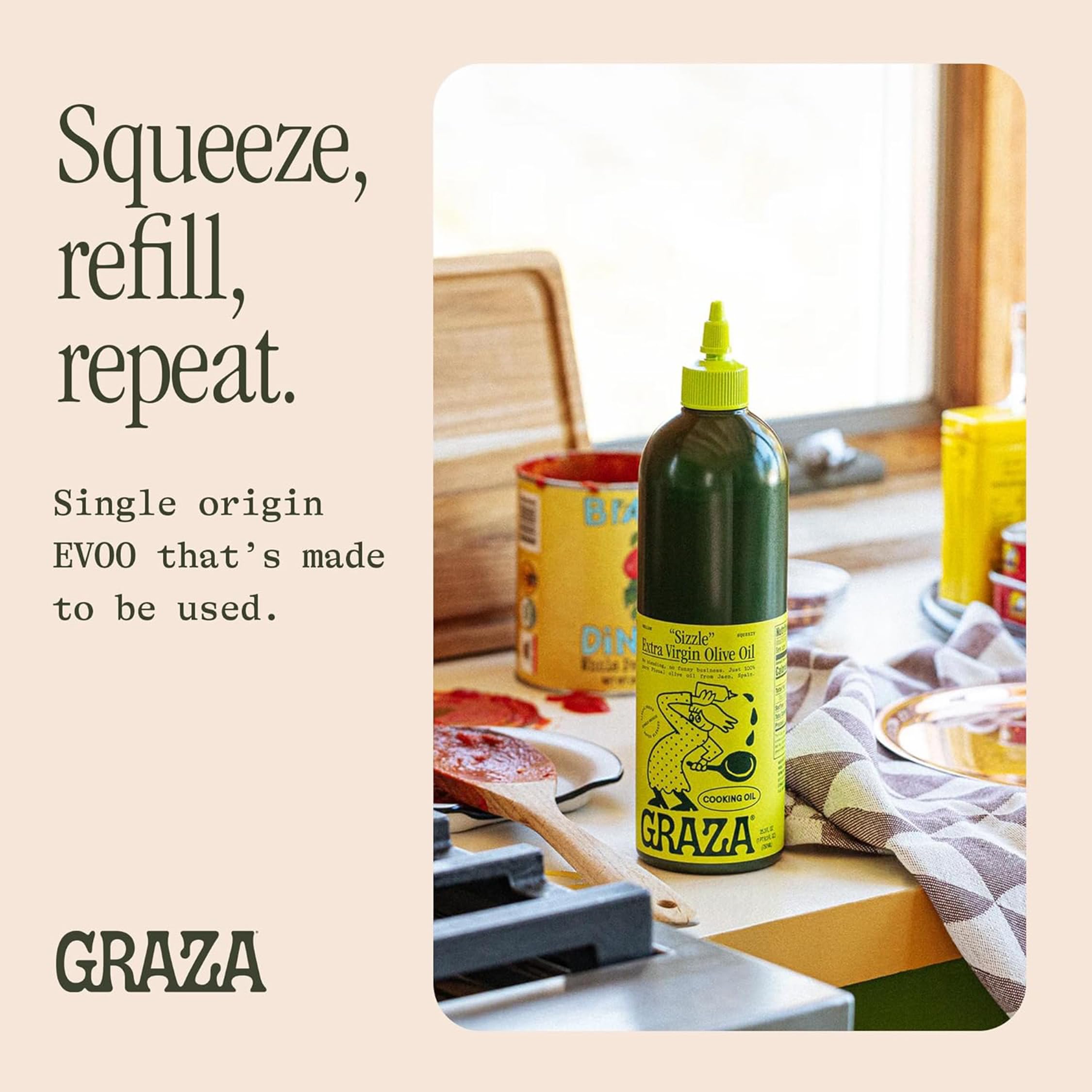 Graza Sizzle bottle beside kitchen tools showing 1L size convenience