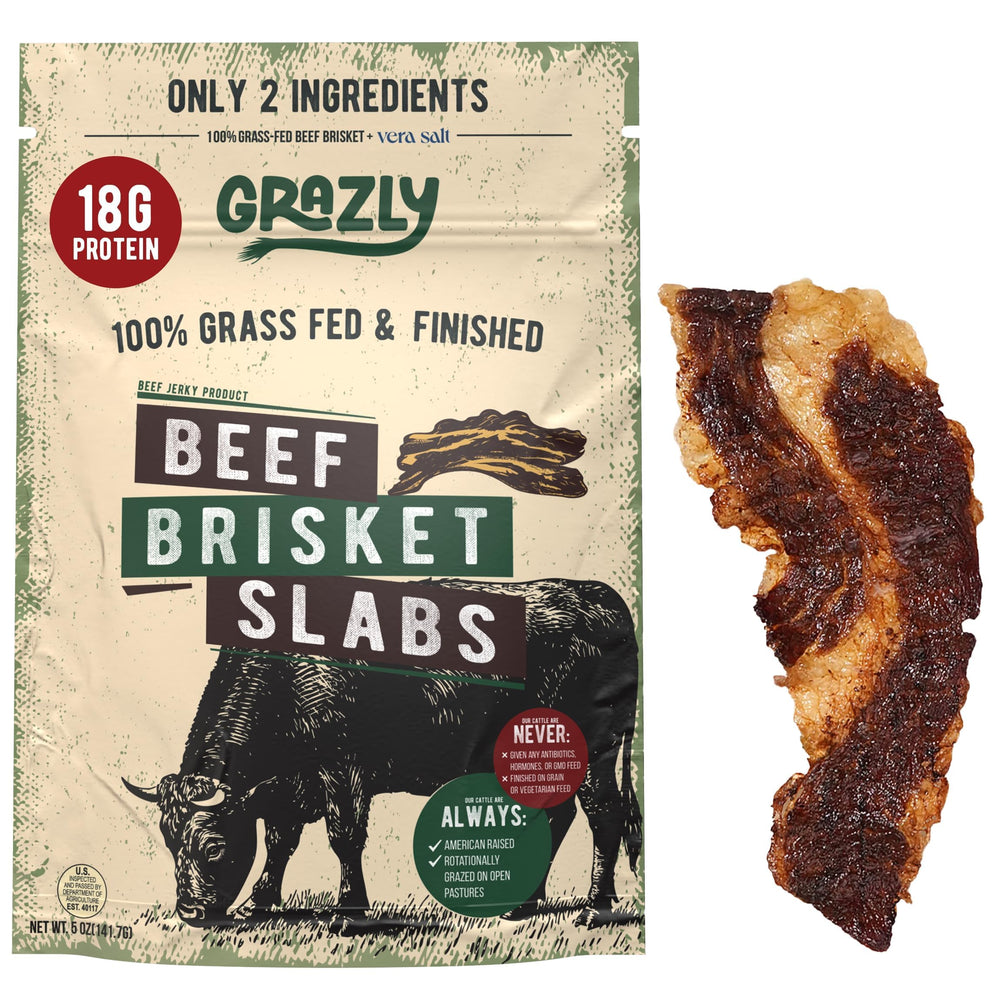 Grazly brisket slab front packaging showing steakhouse-quality snack benefit