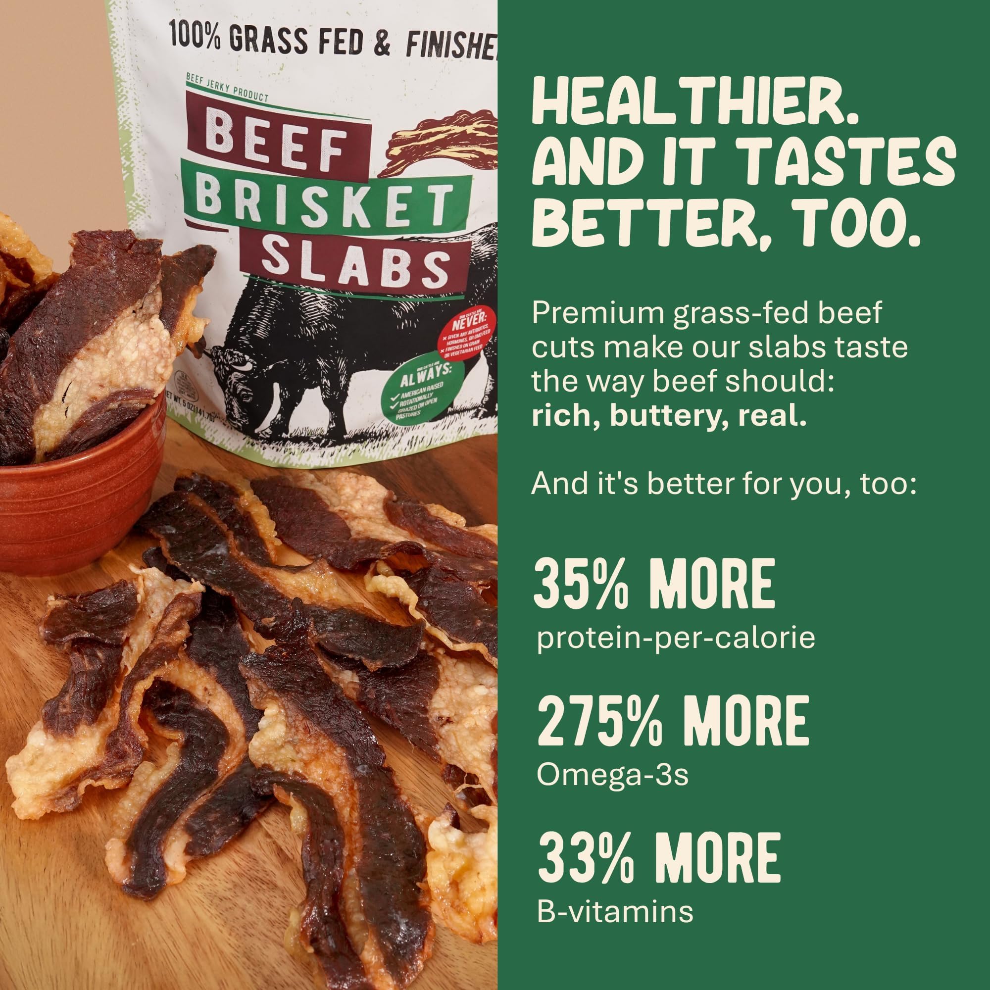Grazly brisket slab nutrition label showing simple ingredients and protein benefit