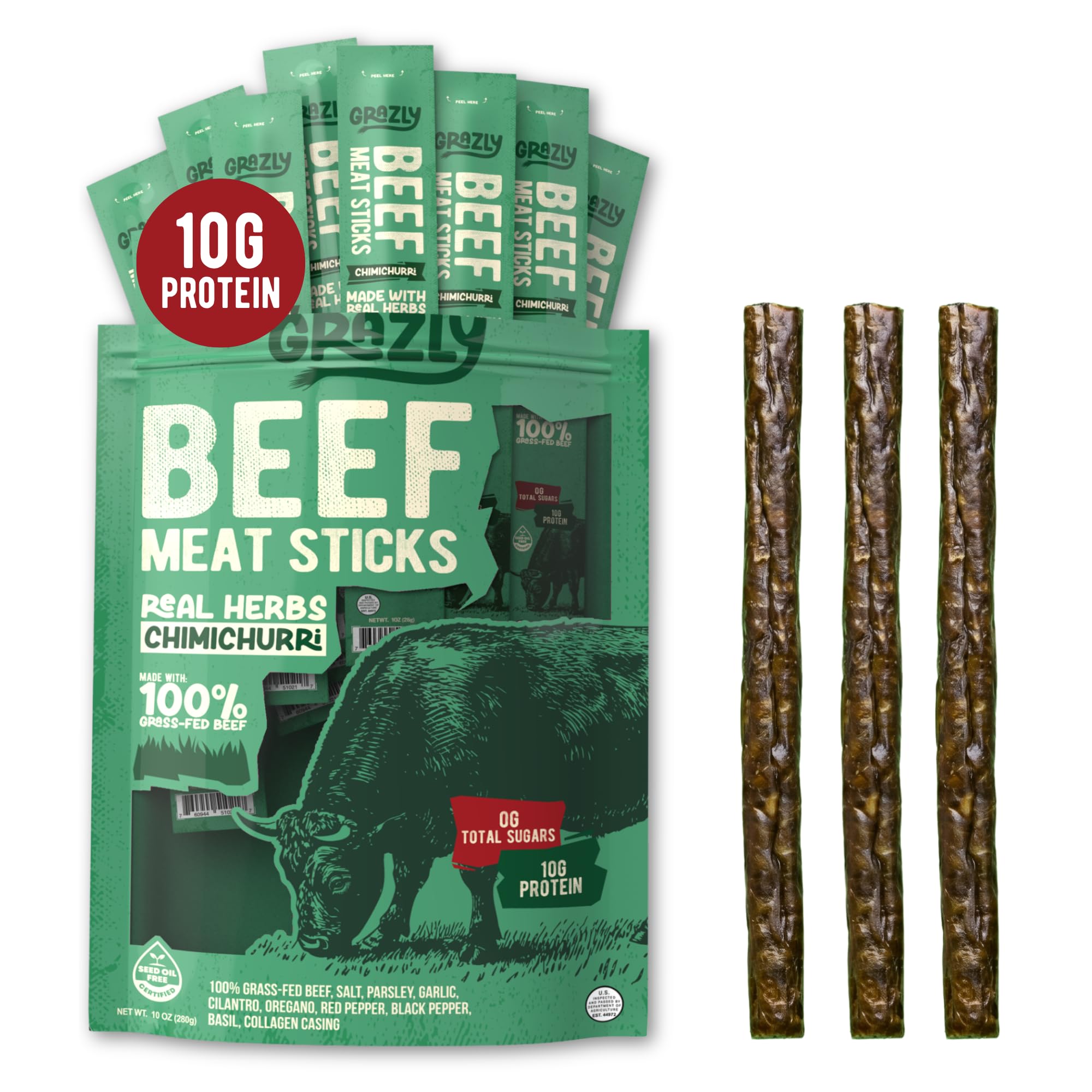Grazly front packaging showing chimichurri beef sticks and convenience