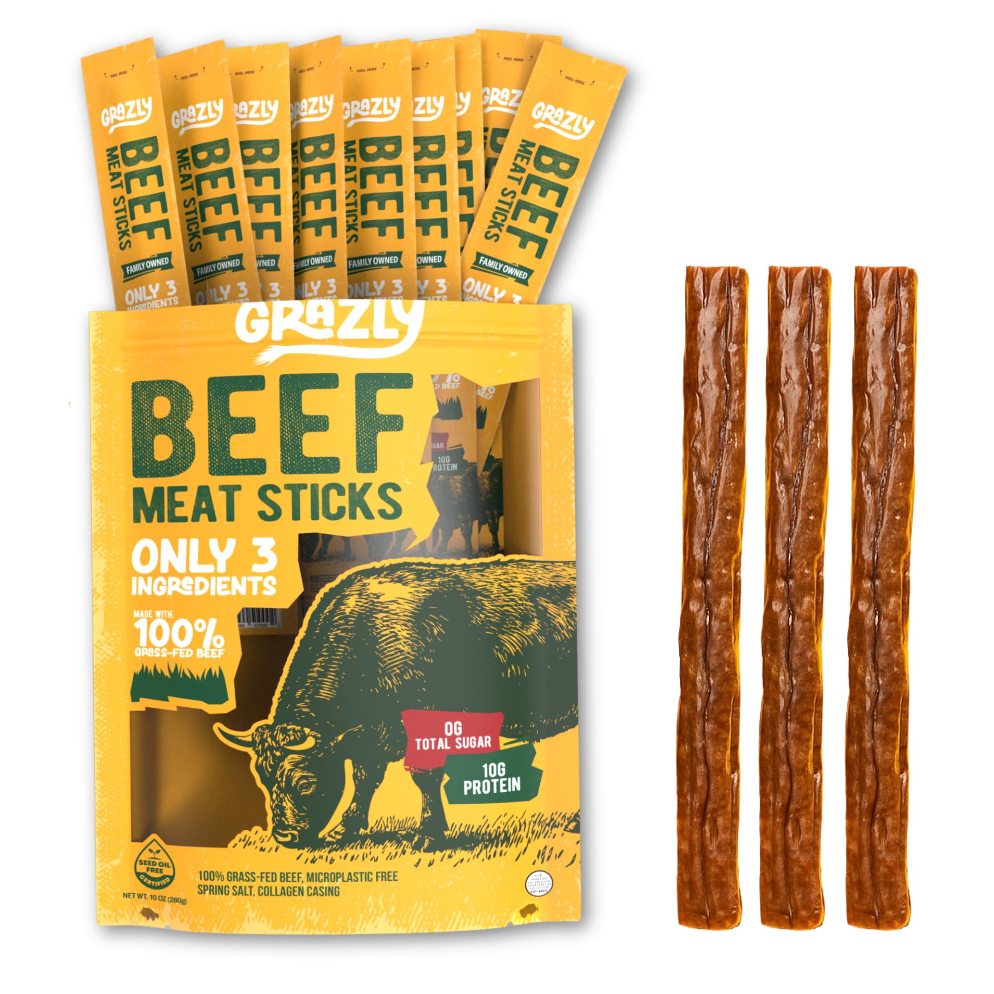 Grazly front pack showing ten individually wrapped sticks and branding benefit convenience
