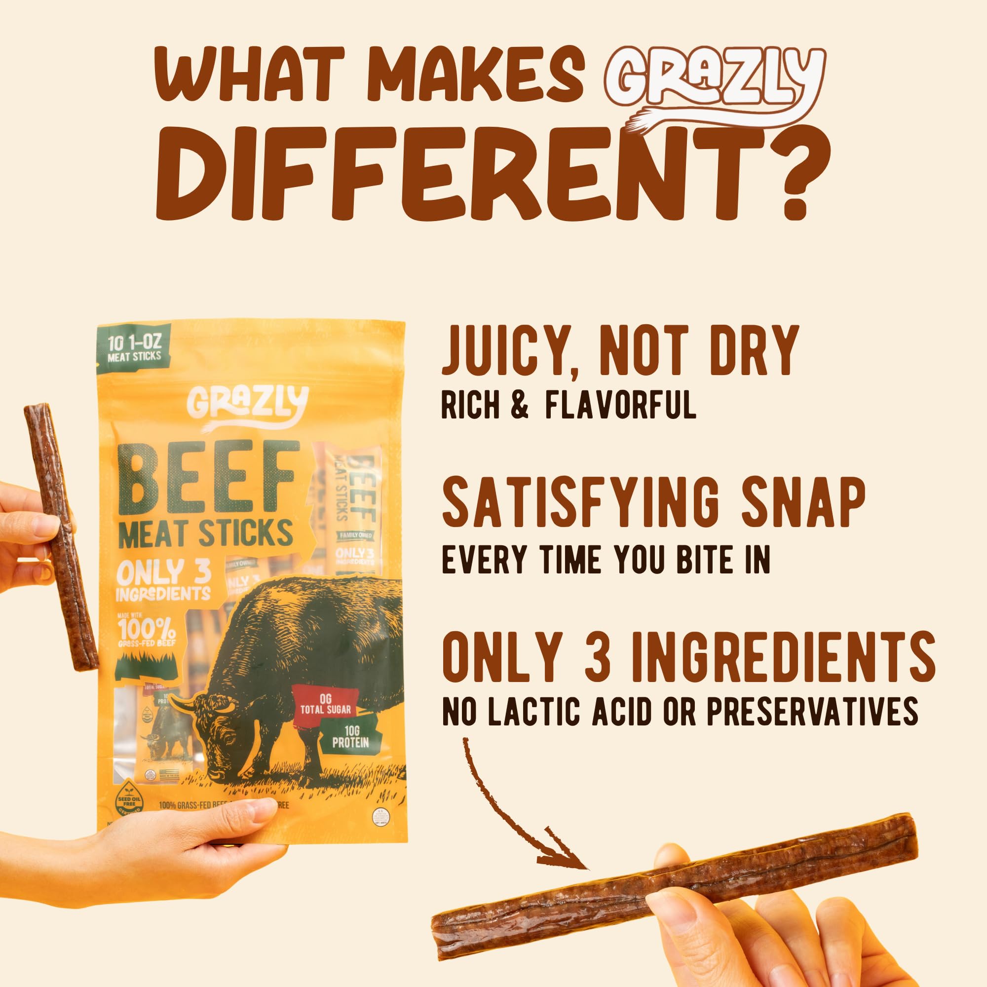 Grazly individual 1 oz beef stick unwrapped with savory texture and quick protein benefit