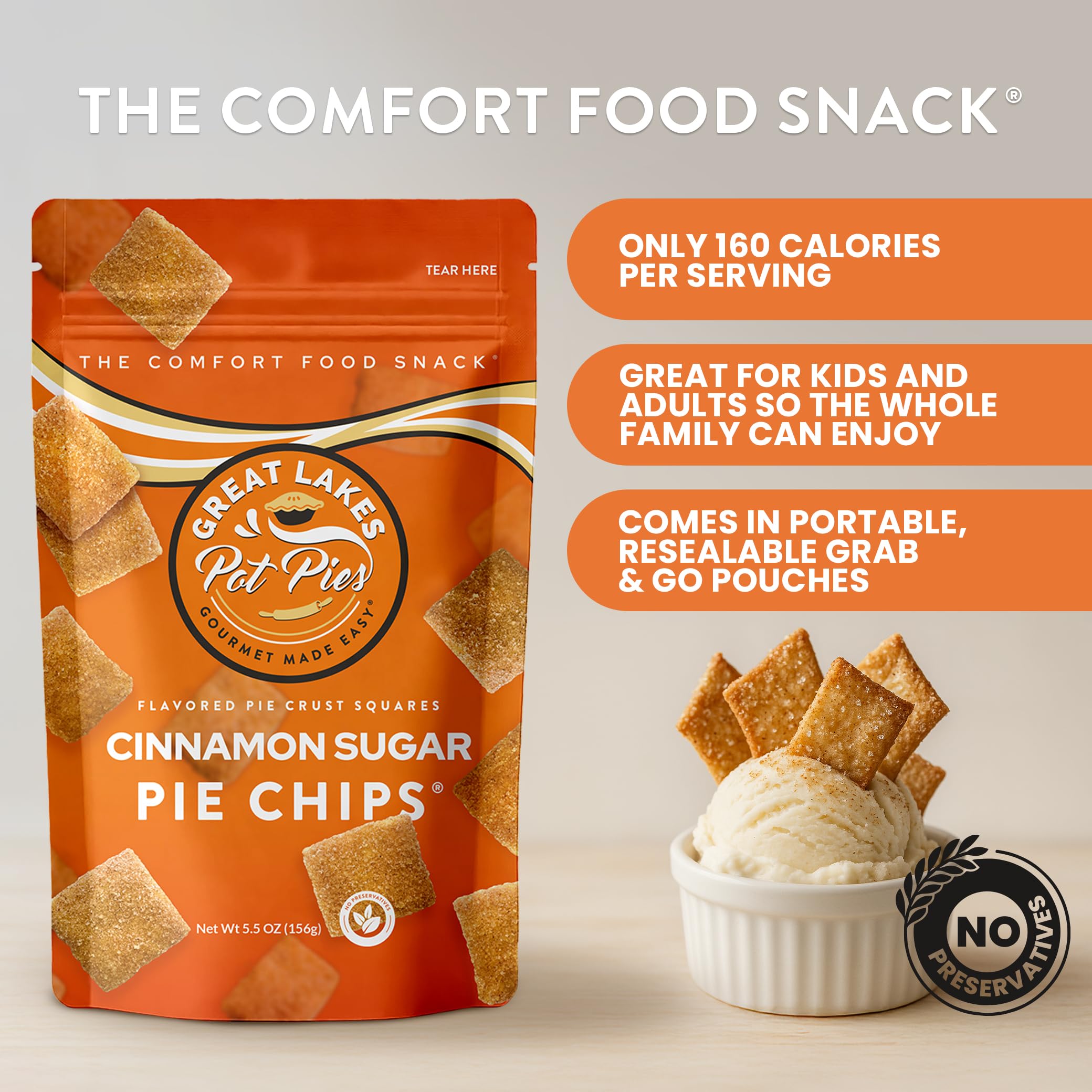Great Lakes Pot Pies cinnamon-sugar texture on chip surface showing sweet, crunchy coating
