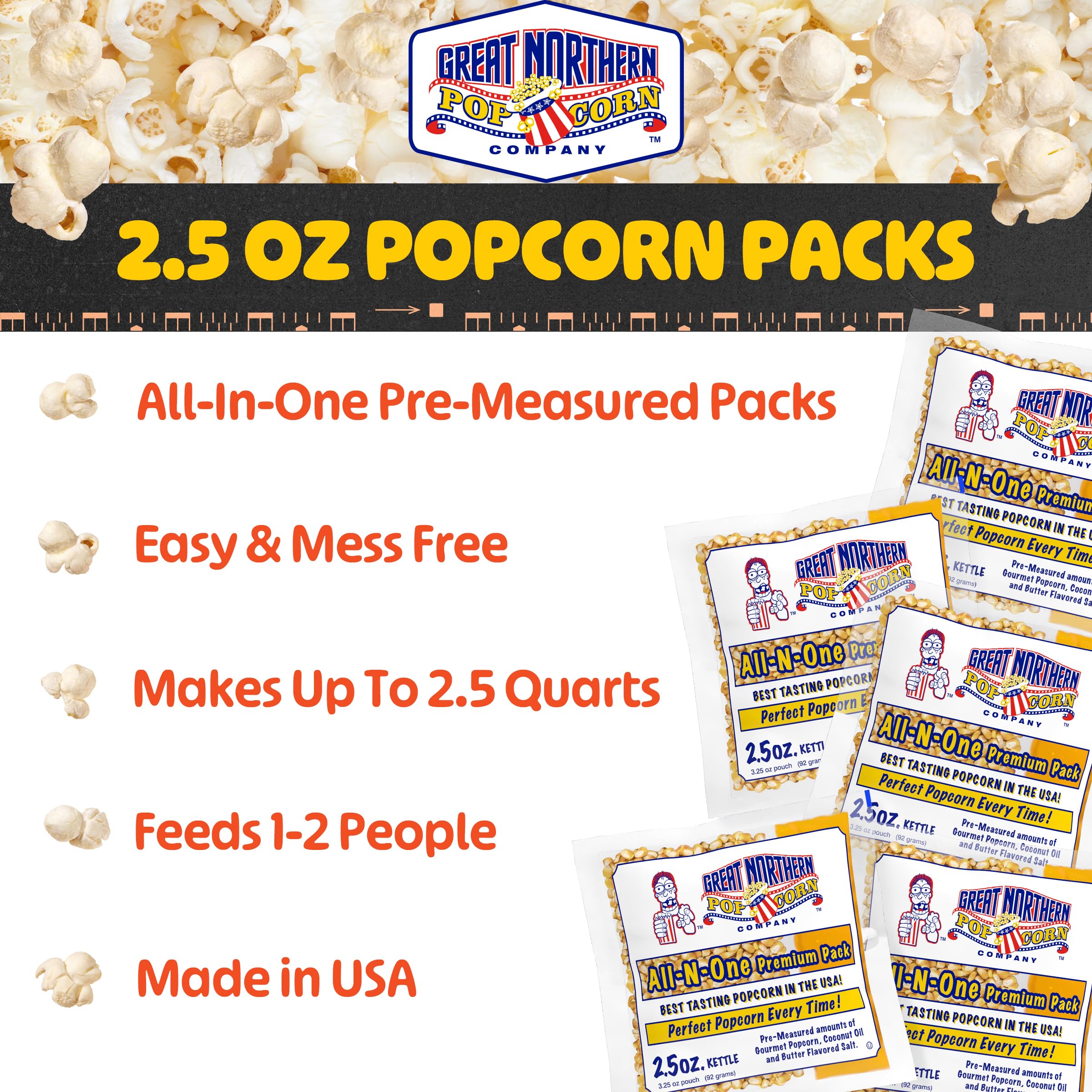 Great Northern clear pouch close-up revealing premeasured kernels and oil for mess-free use