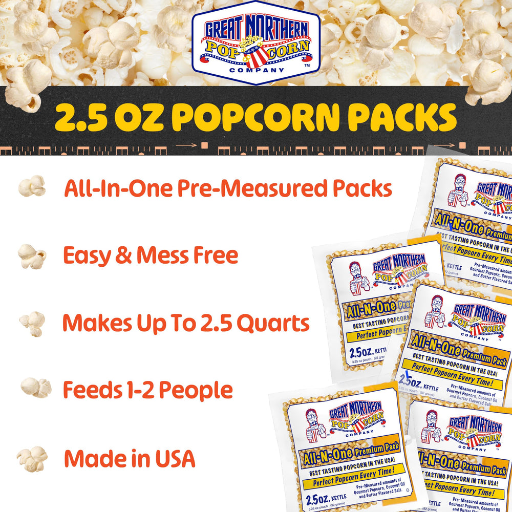 Great Northern clear pouch close-up revealing premeasured kernels and oil for mess-free use