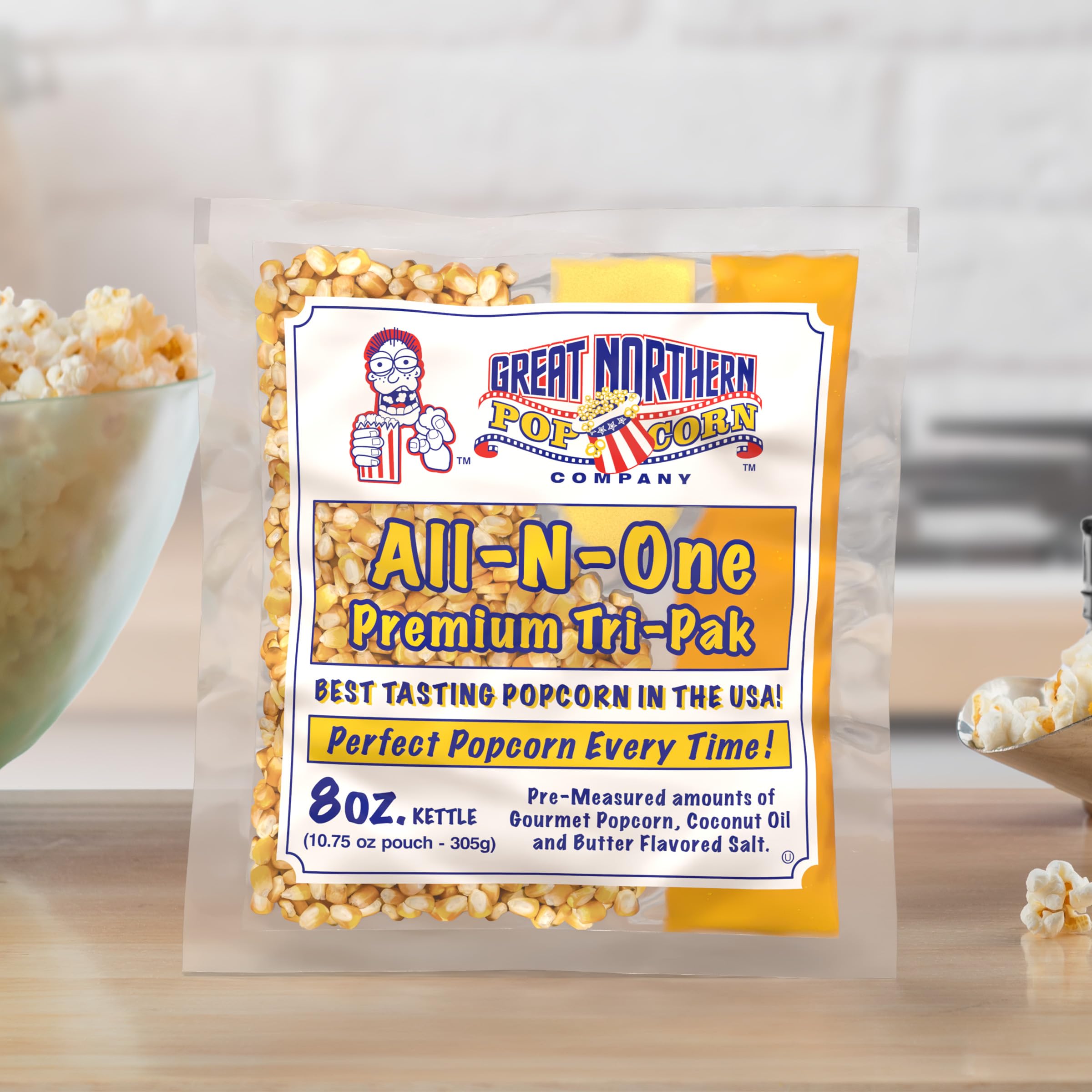 Great Northern close-up of kernels and coconut oil in packet, shows quality ingredients