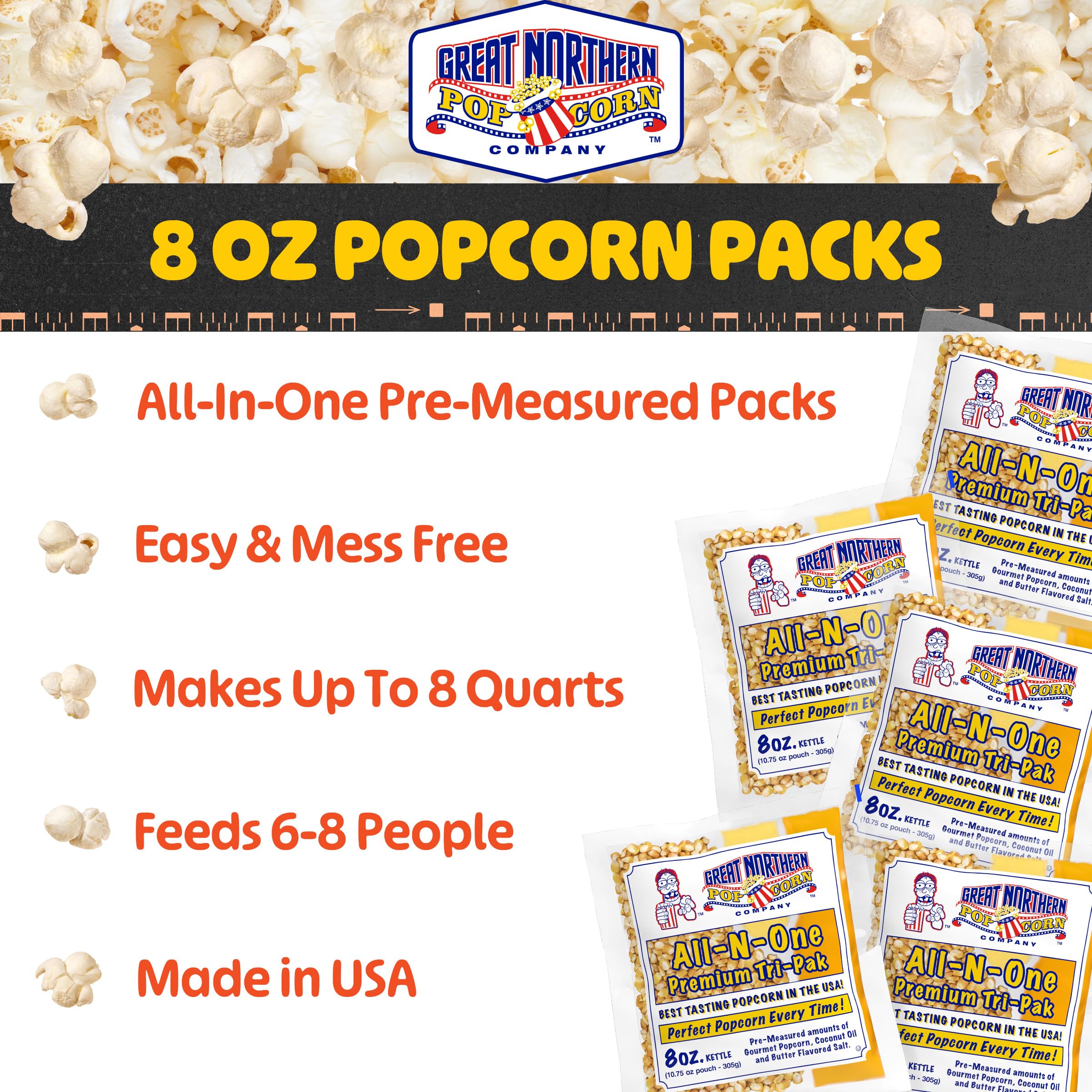 Great Northern packet being poured into 8oz kettle in machine, speeds popcorn prep